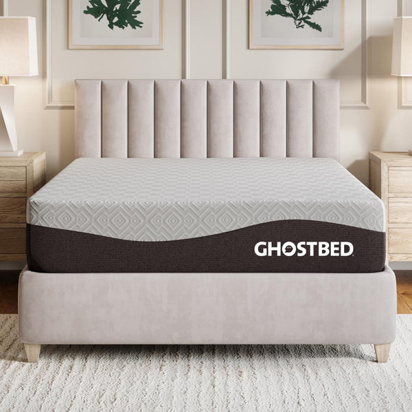 GhostBed Aurora 12-inch foam medium firm mattress showing plush surface and supportive structure in a bedroom setting.