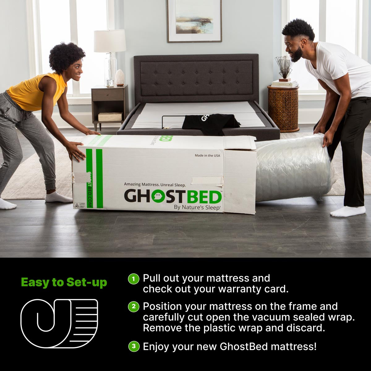 Twin GhostBed Essential 11-inch foam mattress with a plush surface and supportive layers, shown in a bedroom setting.