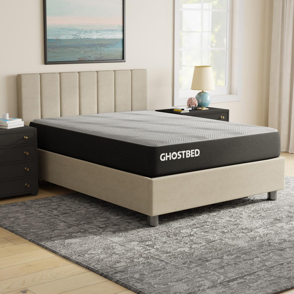 Twin GhostBed Essential 11-inch foam mattress with plush white cover and supportive layers visible.