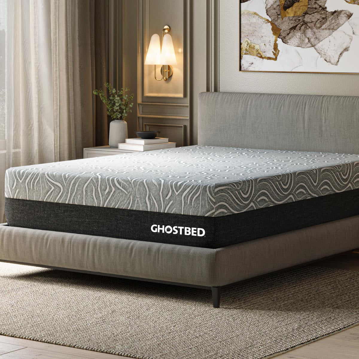 GhostBed Regency 13-inch hybrid king mattress with plush comfort, coil-on-coil design, shown on the floor.