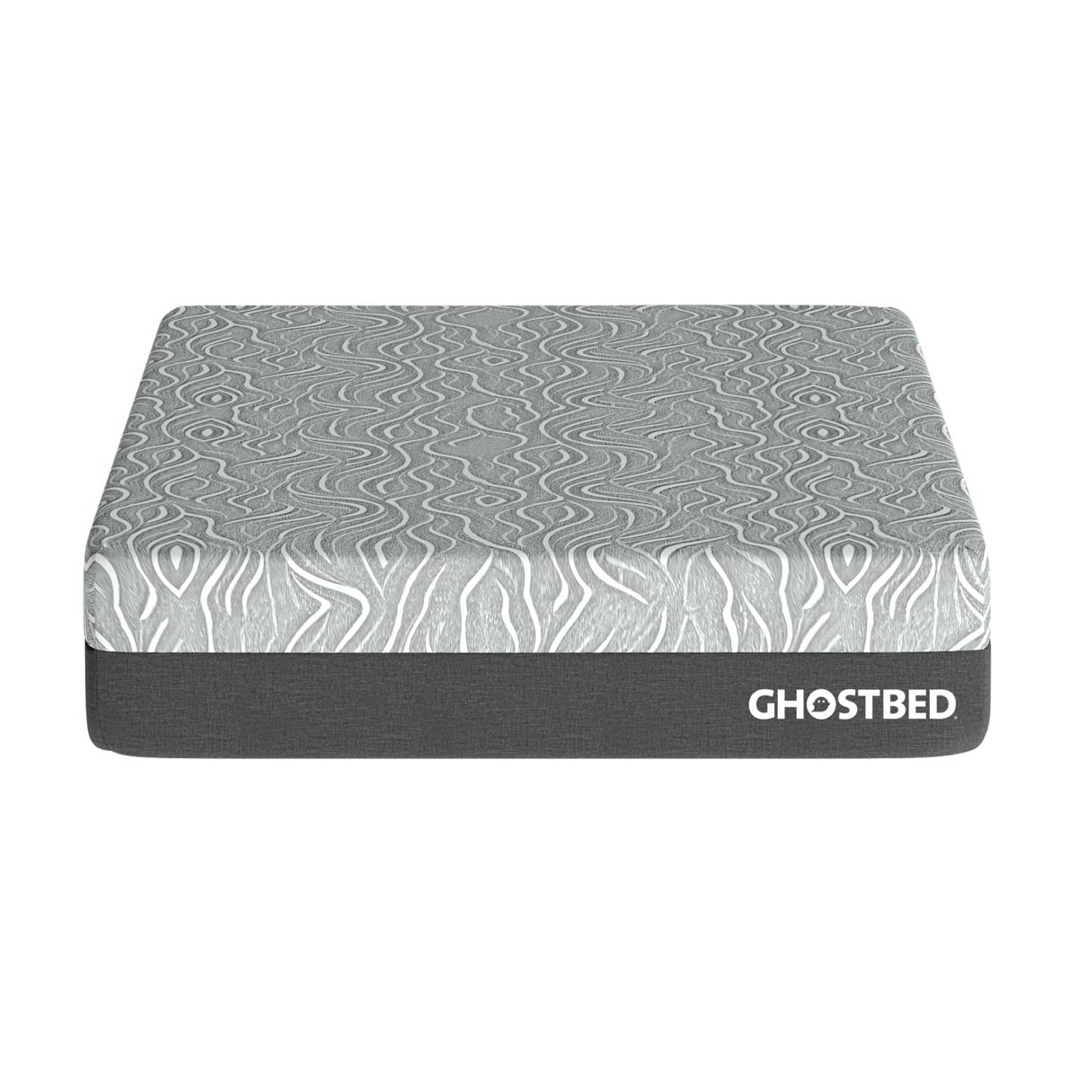 GhostBed 13" Regency Hybrid King mattress with medium plush comfort, featuring coil-on-coil construction, on a bed frame.