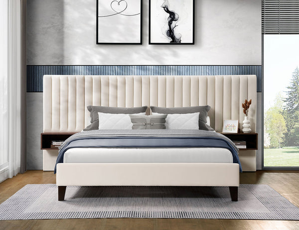 Chanel-Tufted Platform Bed w/nightstand in Beige | CastleUp Experience Centre