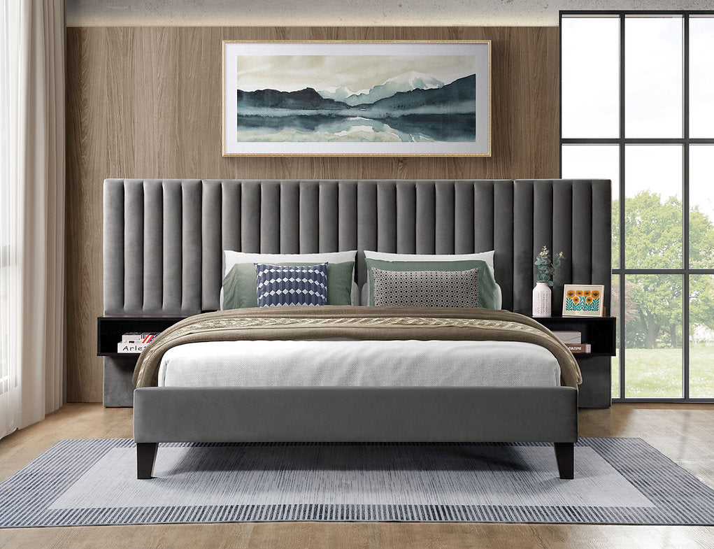 Chanel-Tufted Platform Bed w/nightstand in Grey | CastleUp Experience Centre