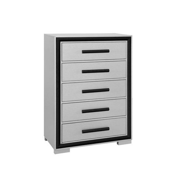 Silver wood Amelia Chest by IFF with a sleek, modern design and elegant handles, perfect for stylish storage.