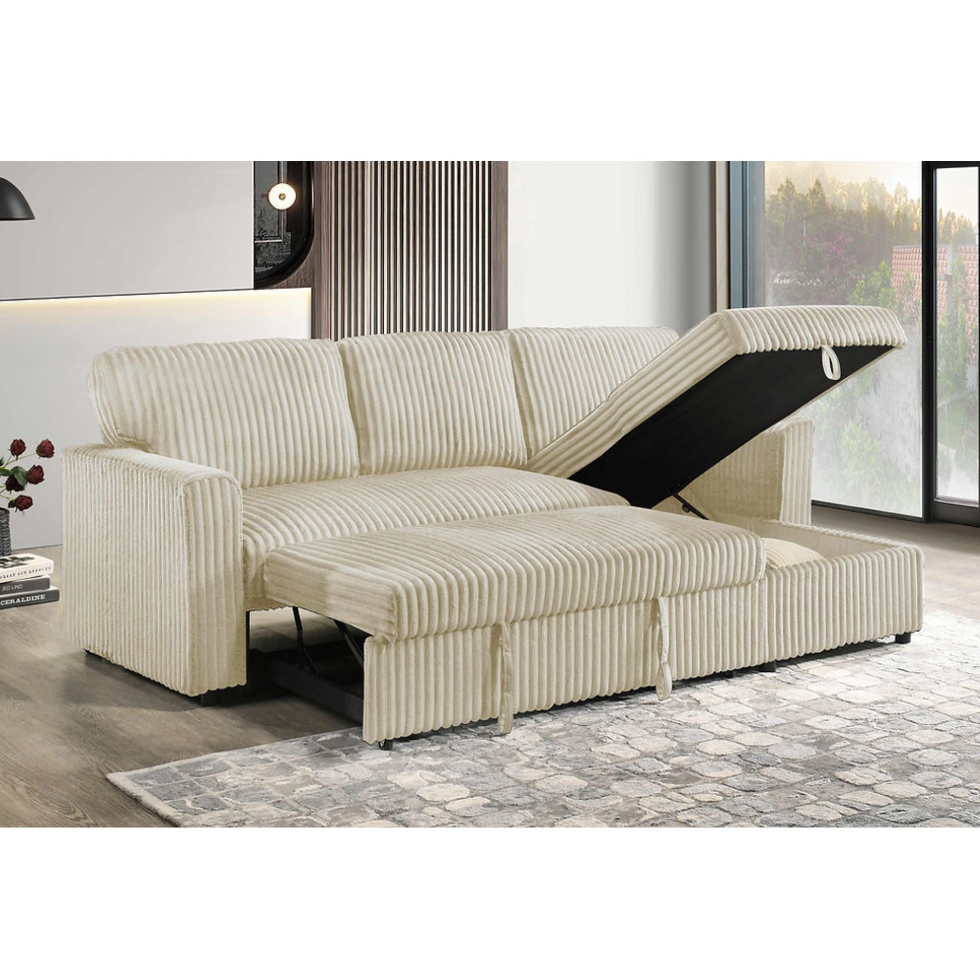 Sutton Reversible Chaise Sectional Sleeper in Cream | CastleUp Experience Centre