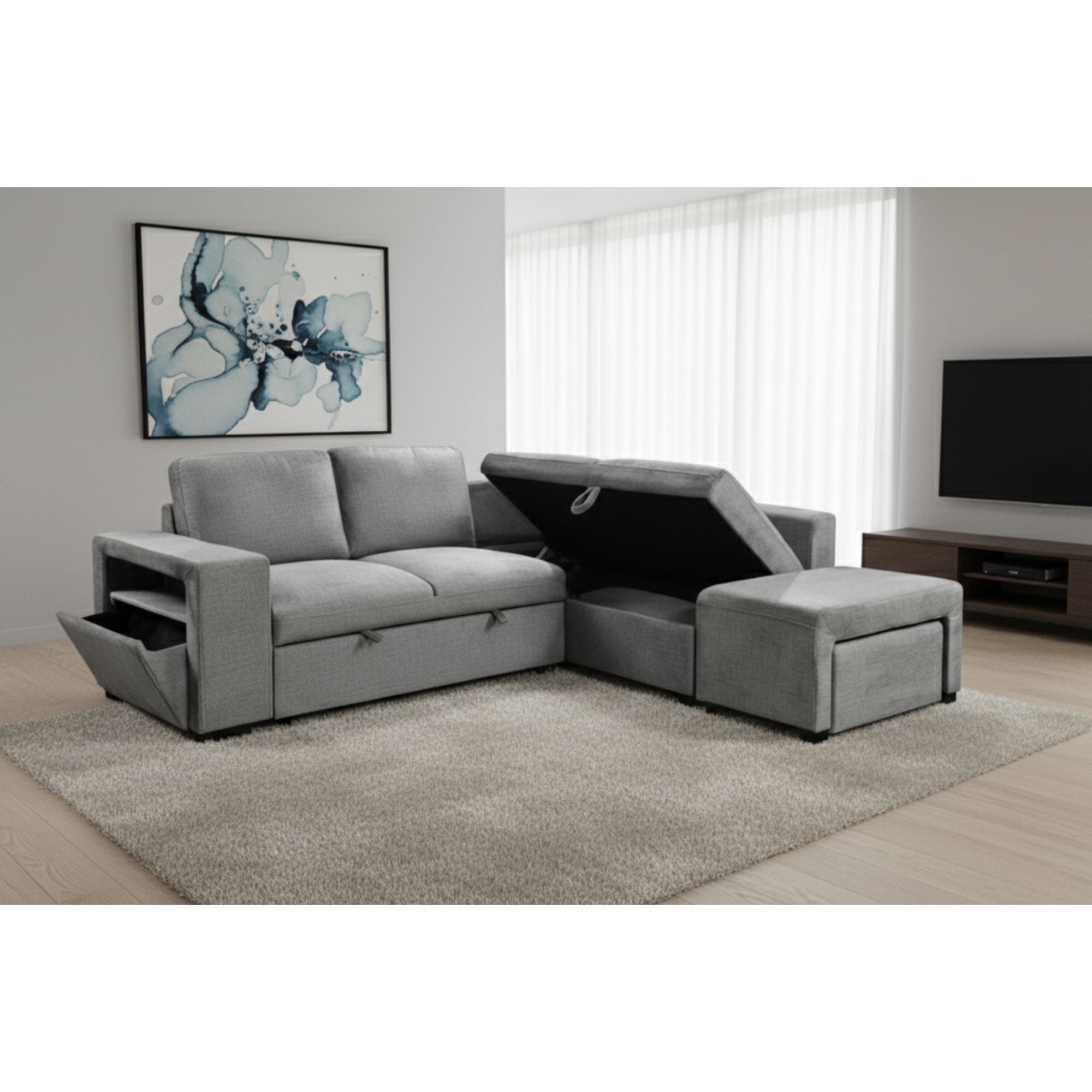 Grey IFF Monaco RHF Sleeper Sectional sofa with fabric upholstery, showing its modern design and sectional layout.
