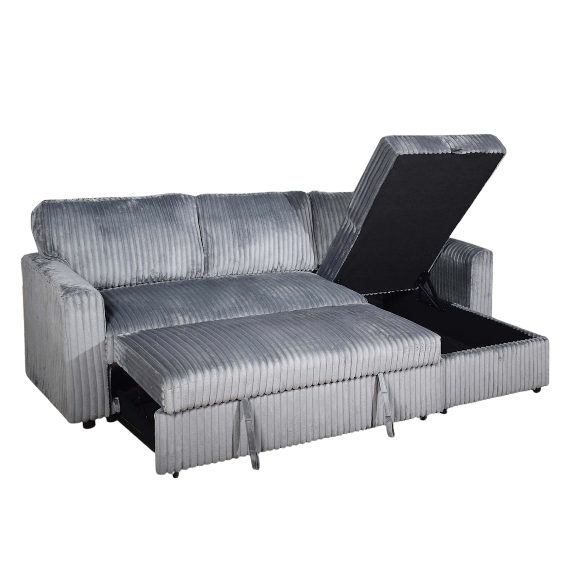 Grey IFF Sutton reversible chaise sectional sleeper with fabric upholstery, showcasing its versatile design and comfortable seating.