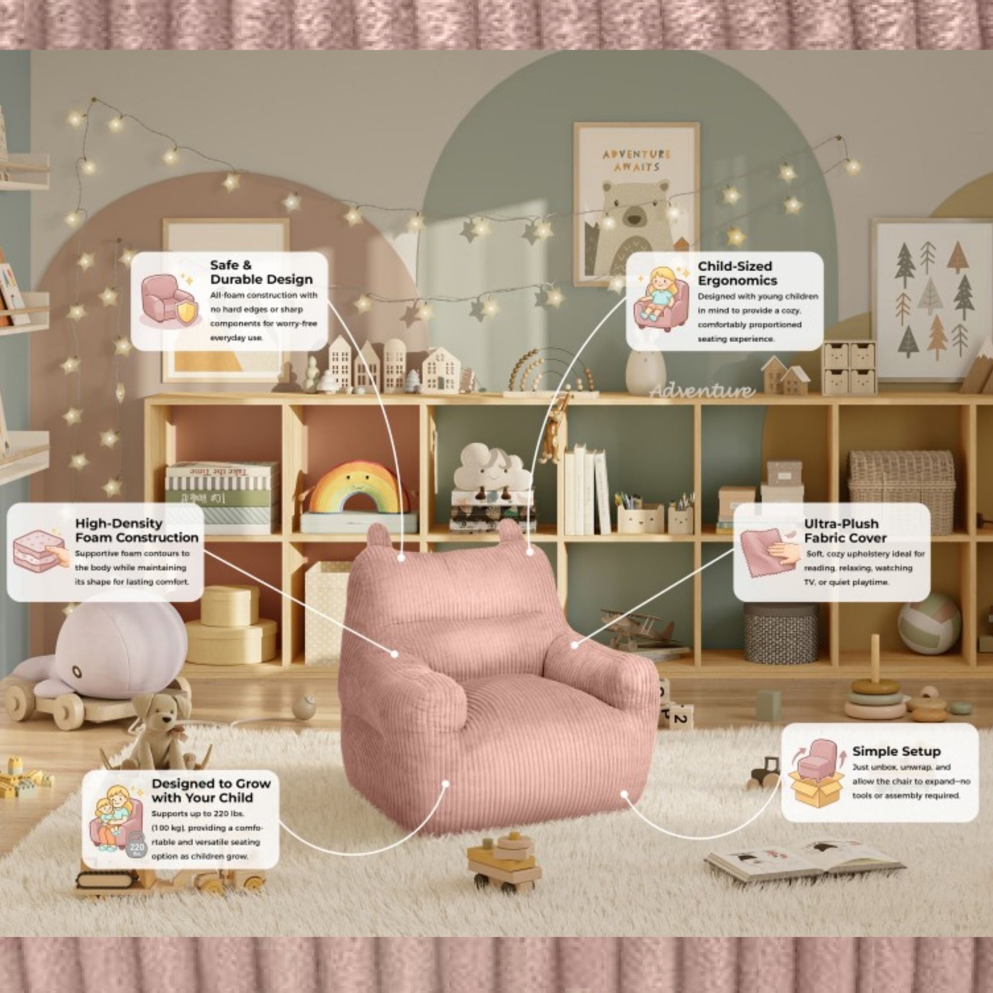 Pink Kai Foam Kids’ Accent Chair by Brassex with a plush, child-sized design perfect for a child's room or play area.