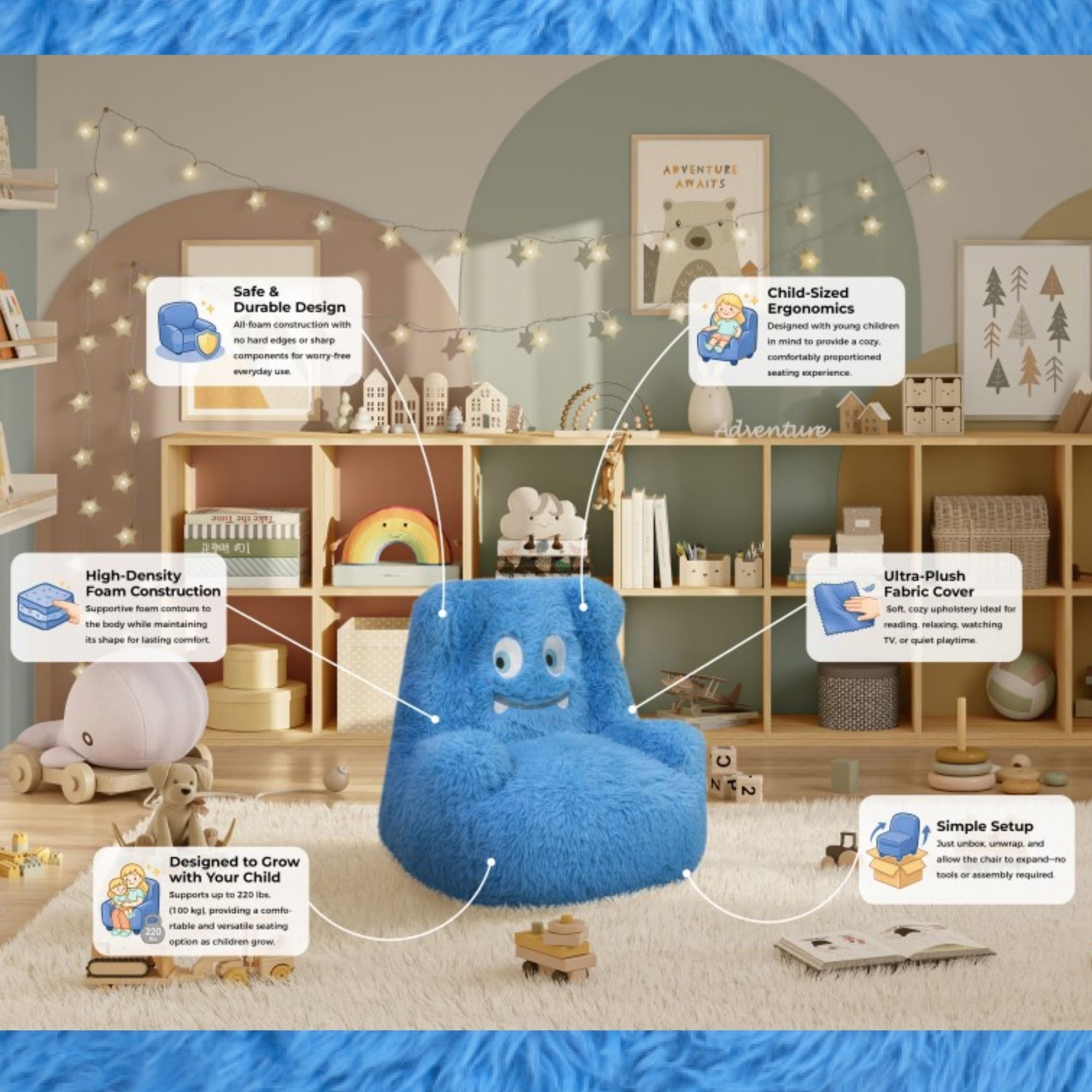 Blue Milo Kids' Foam Chair by Brassex, an accent chair designed for children with a soft, cushioned seat and supportive backrest.