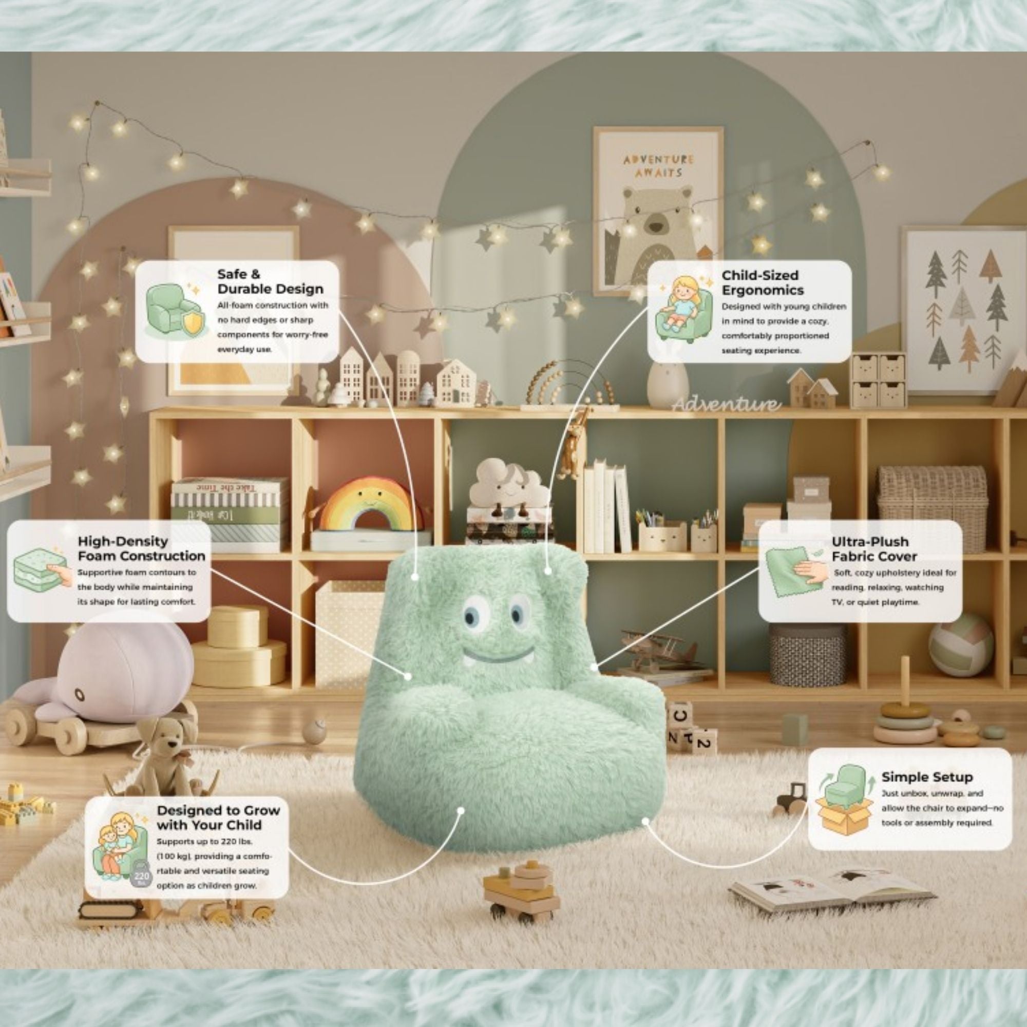 Mint green Milo Kids’ foam accent chair by Brassex, featuring a child-friendly, cushioned design perfect for a kids’ room.