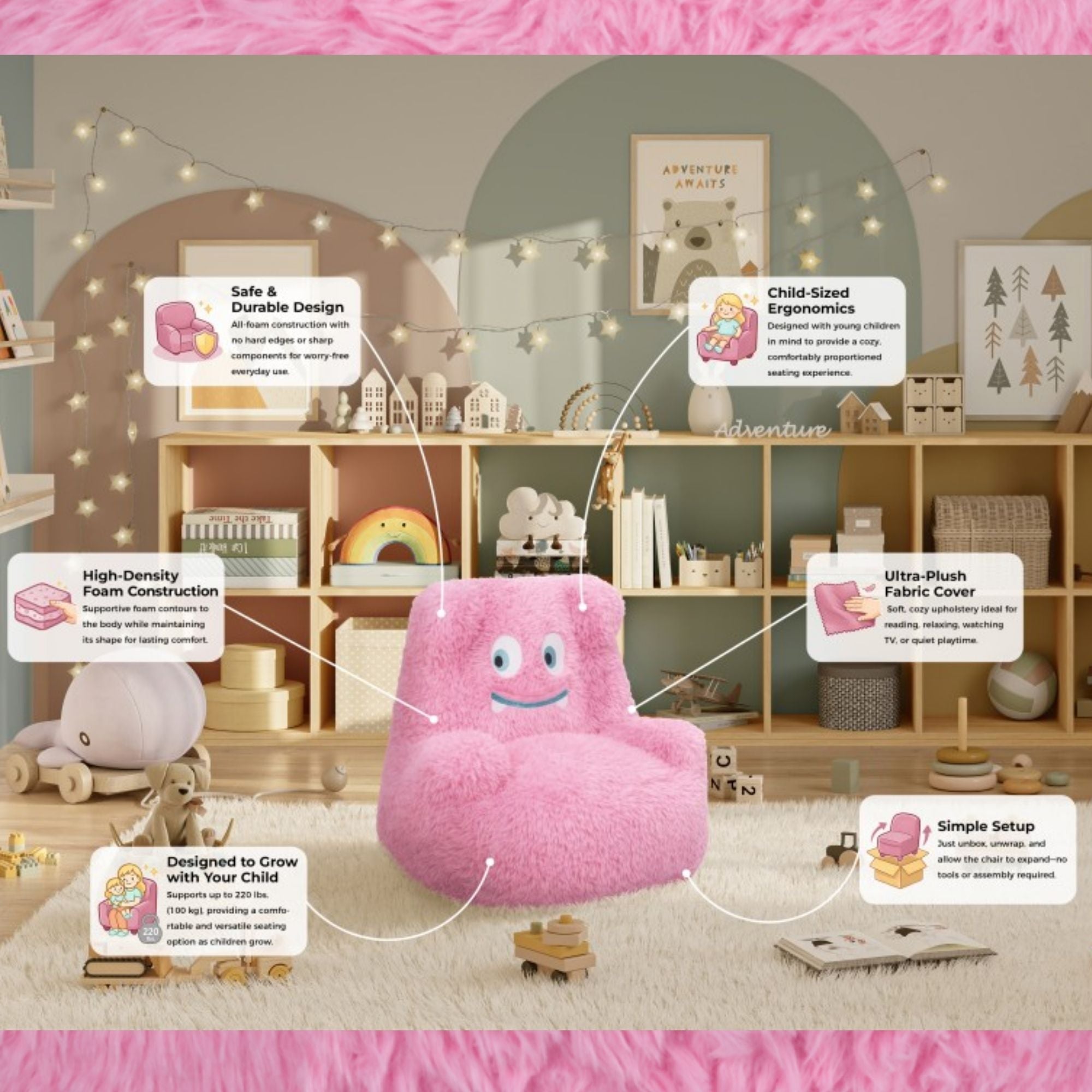 Pink Milo Kids’ Foam Chair by Brassex, a colorful accent chair designed for children with soft foam cushioning.
