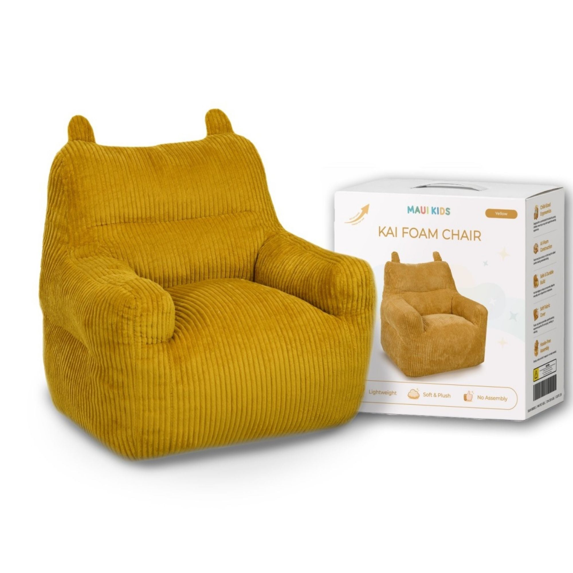 Brassex Kai Foam Kids’ Chair in yellow, soft foam accent chair for children with a bright yellow upholstery and sturdy wooden legs.
