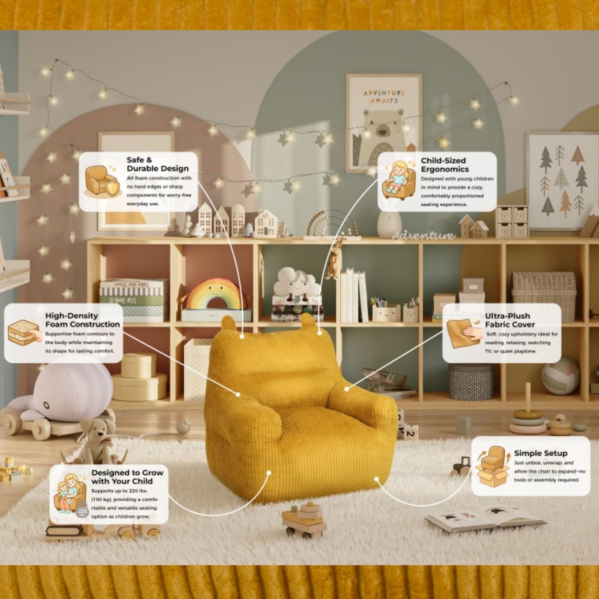Yellow Kai Foam Kids’ Accent Chair by Brassex, featuring a soft foam seat and playful design for children.