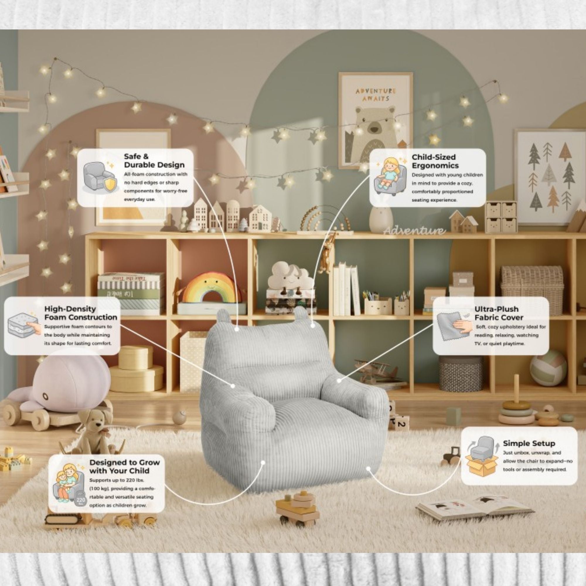 Grey Kai Foam Kids’ Chair from Brassex, a small accent chair with soft foam cushions, perfect for children's rooms or play areas.