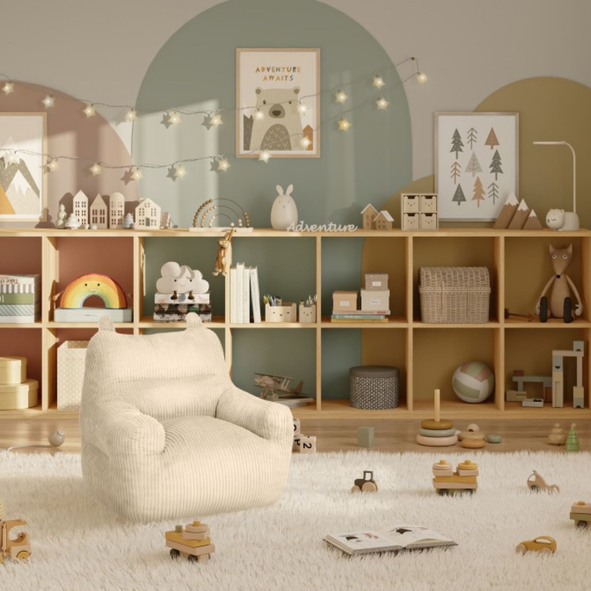 Brassex Kai Foam Kids’ Beige Accent Chair with soft cushioned seat and backrest, perfect for children’s playroom or bedroom.