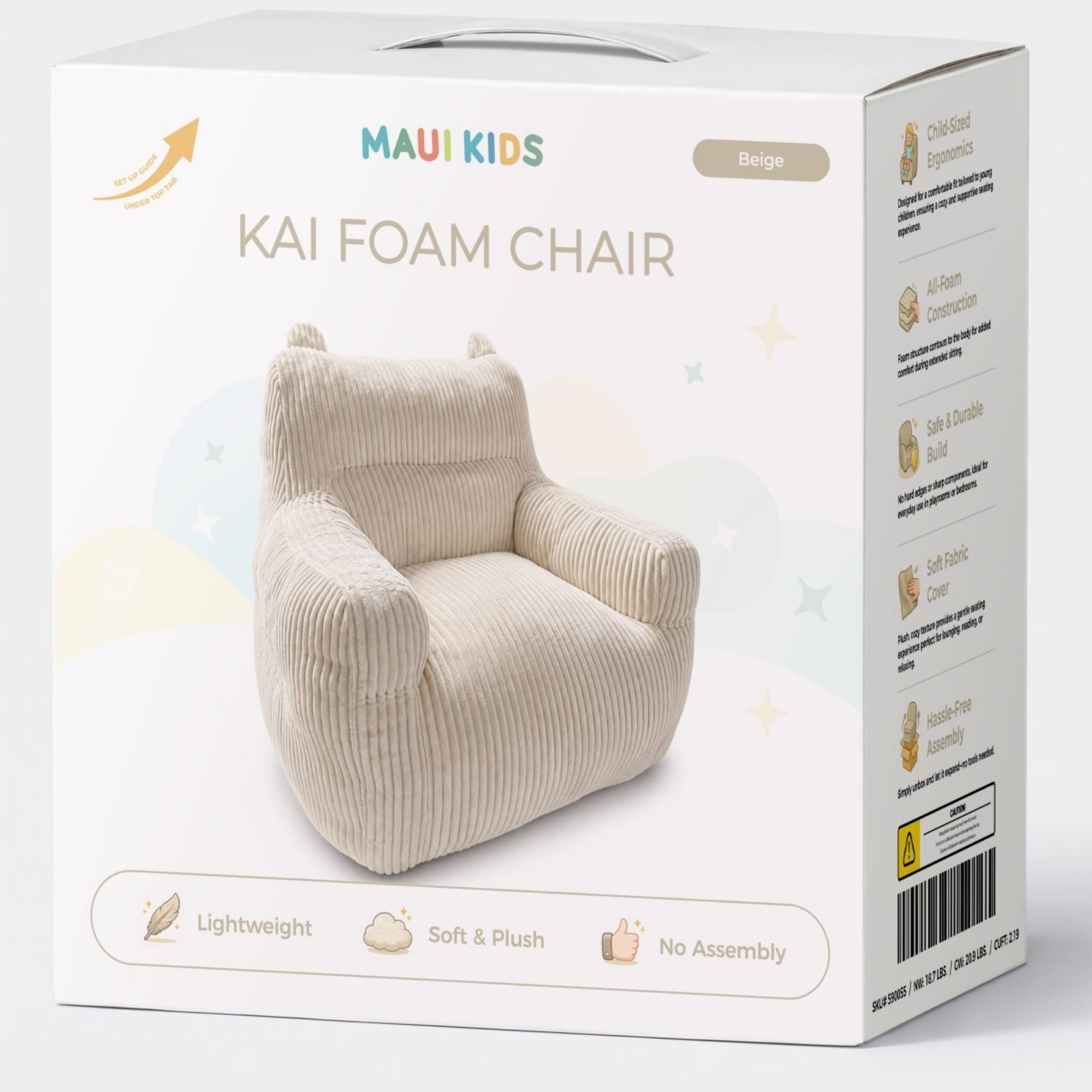 Brassex Kai Foam Kids’ Accent Chair in beige with soft cushioned seat and small wooden legs, suitable for children’s room decor.