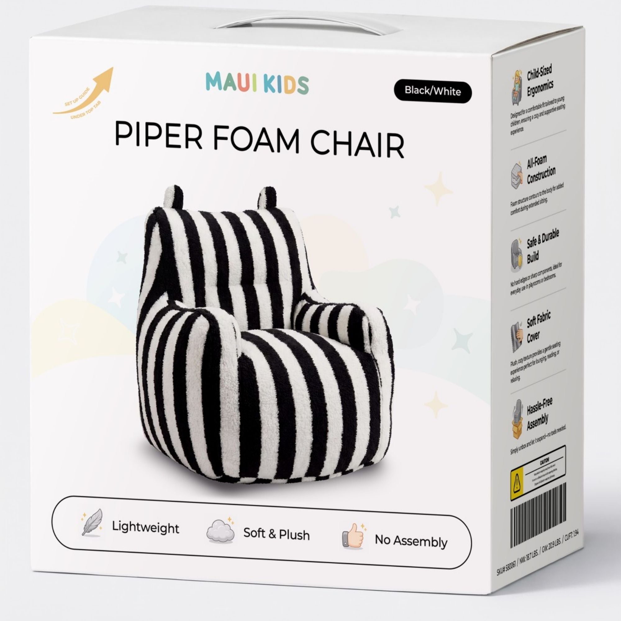 Black and white Piper Foam kids’ accent chair by Brassex, featuring a modern, cozy design suitable for children’s rooms.