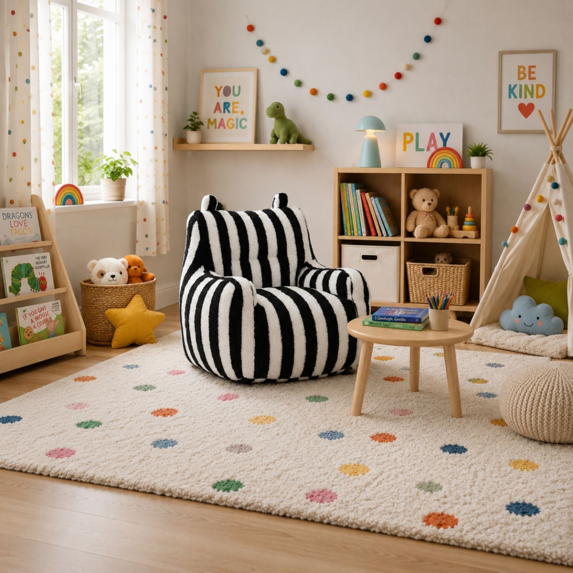Black and white Piper Foam kids’ accent chair by Brassex with a modern, cushioned design suitable for children.