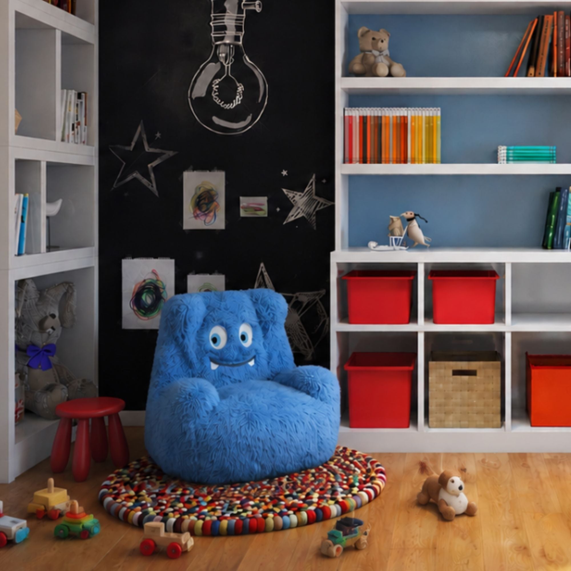 Blue Milo Kids’ foam accent chair by Brassex, featuring a small, cozy seat with soft fabric for children.