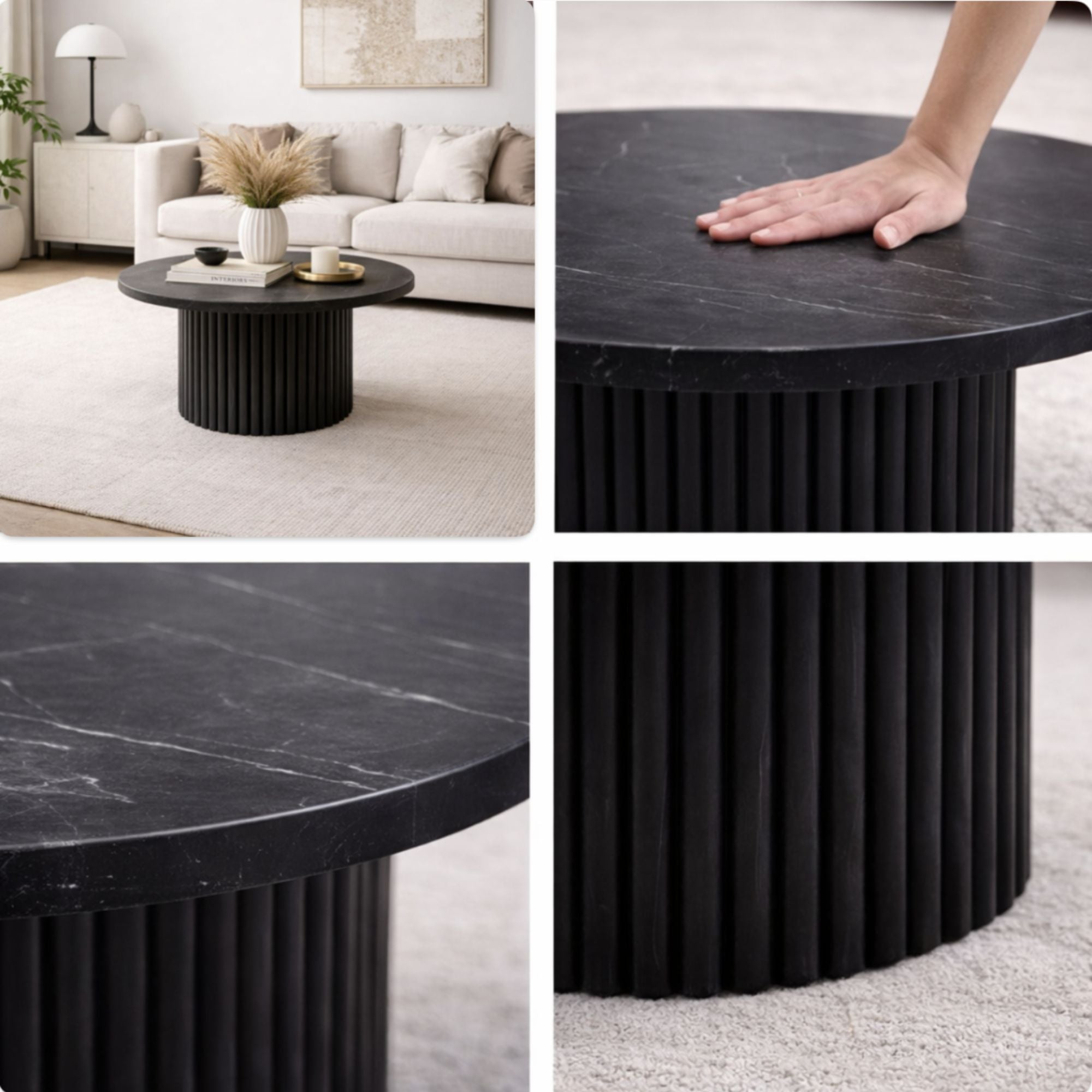 Tapered marble top coffee table by Brassex with a sleek modern design and smooth white marble surface.