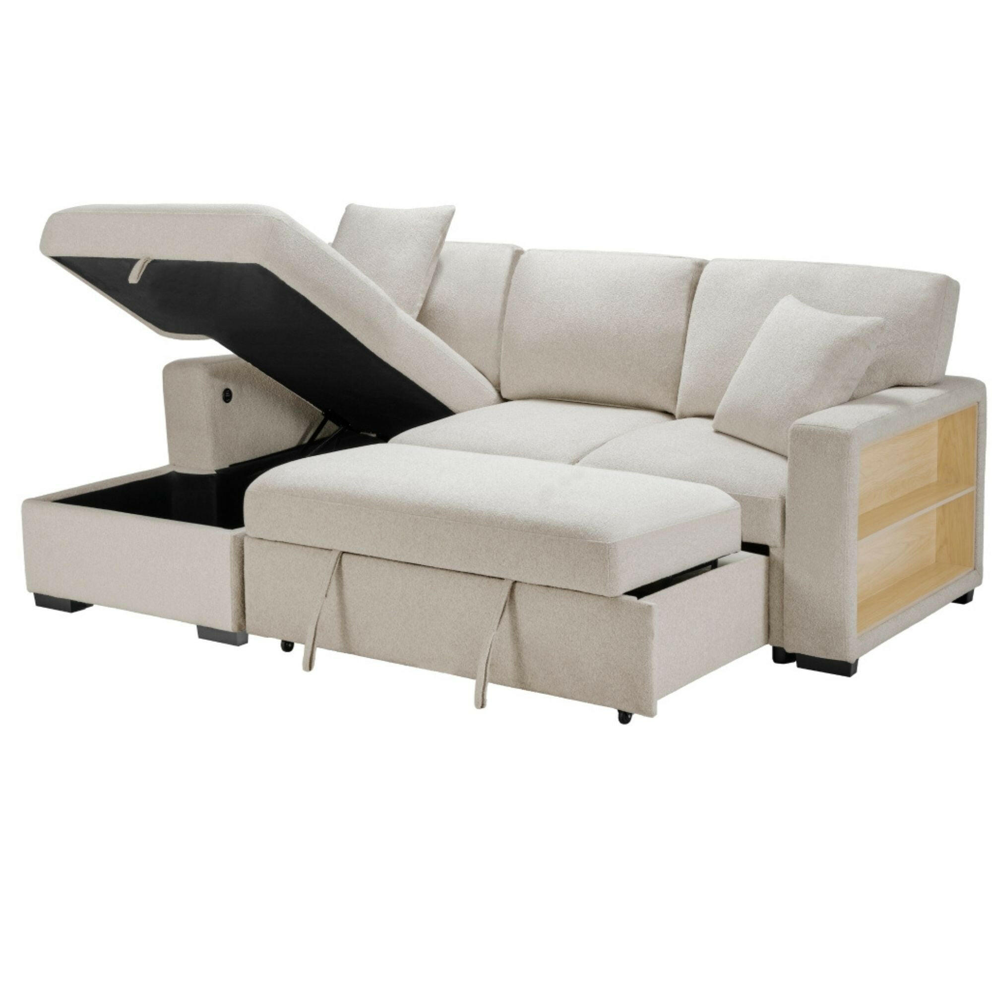 MAZ Pompano Collection beige sectional sleeper sofa showing plush fabric and modern design in a cozy living room setting.