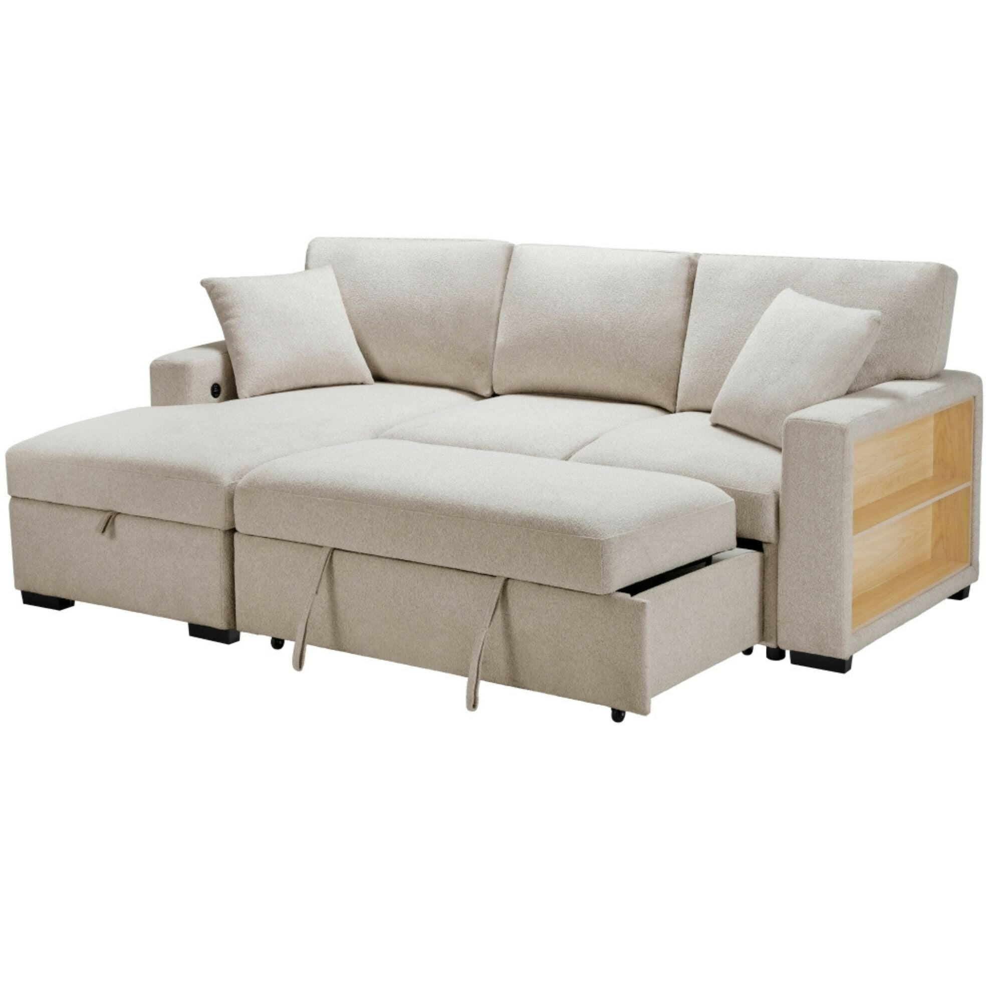 MAZ Pompano Collection beige sectional sleeper sofa with plush cushions and modern design, shown in a cozy living room setting.