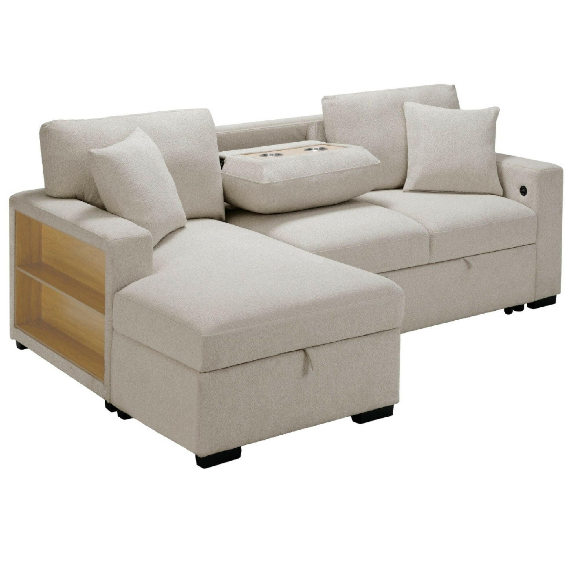 Beige Pompano Collection sectional sleeper sofa by MAZ, featuring plush cushions and a convertible design for seating and sleeping.