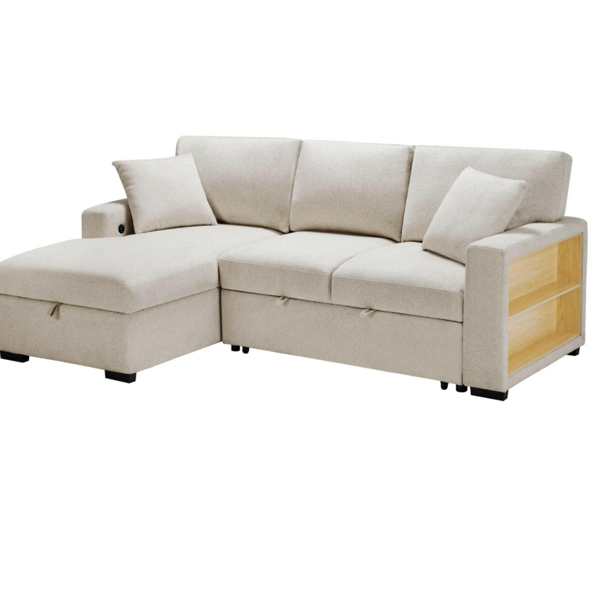 MAZ Pompano Collection beige sectional sleeper sofa with plush cushions and modern design, shown in a cozy living room setting.