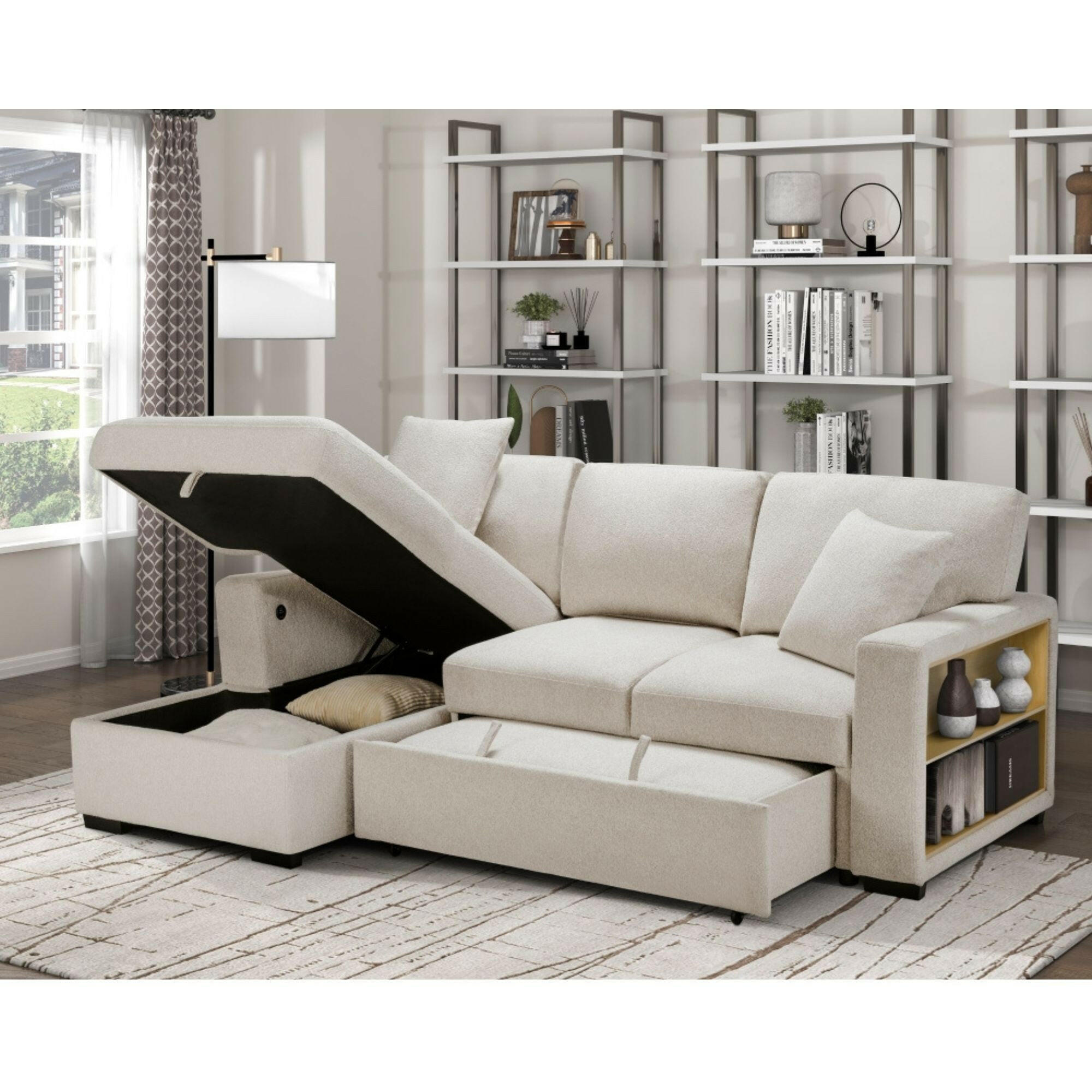 MAZ Pompano Collection beige sectional sleeper sofa with plush cushions and modern design, perfect for living rooms.