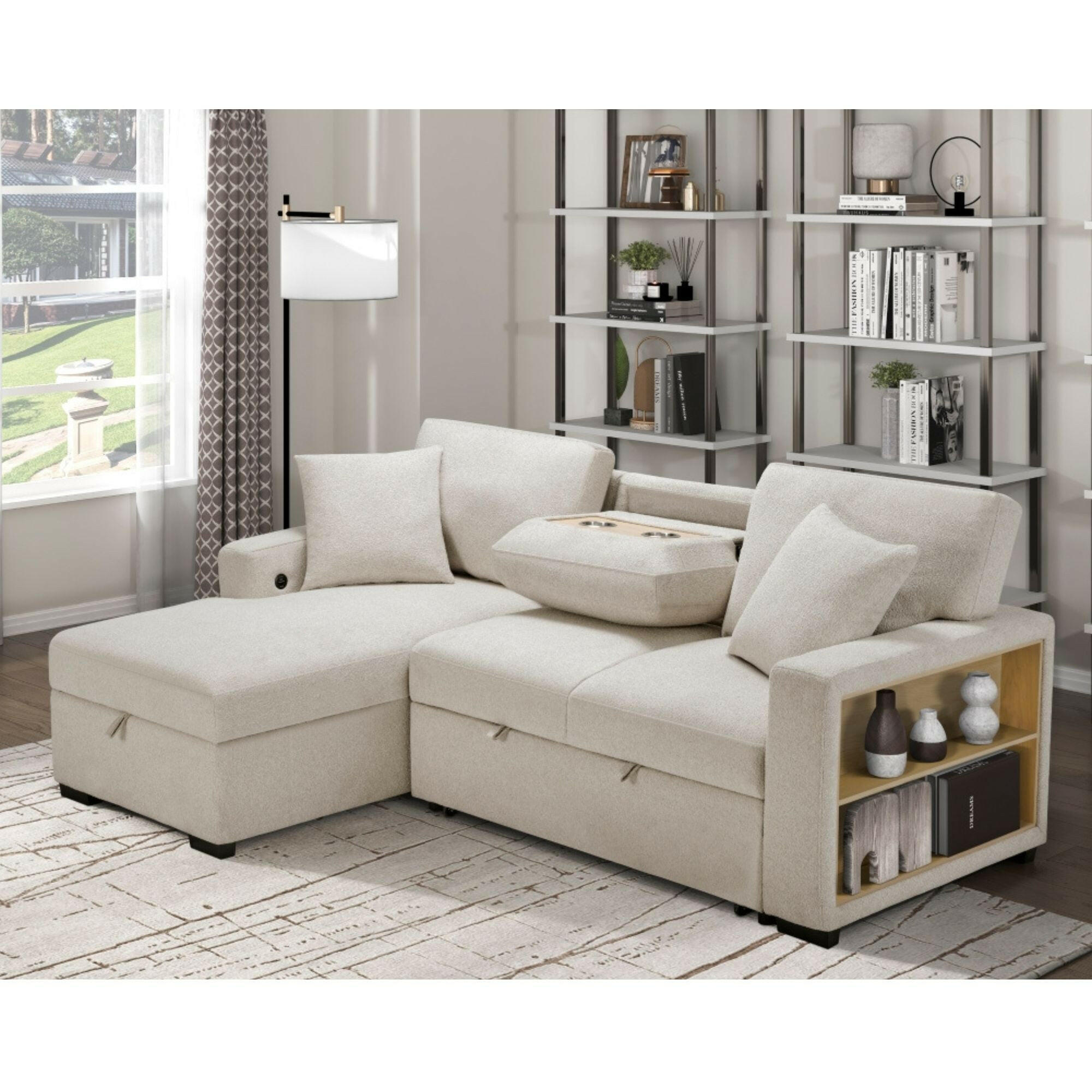 MAZ Pompano Collection sectional sleeper sofa in beige with plush cushions and modern design, perfect for living room comfort.