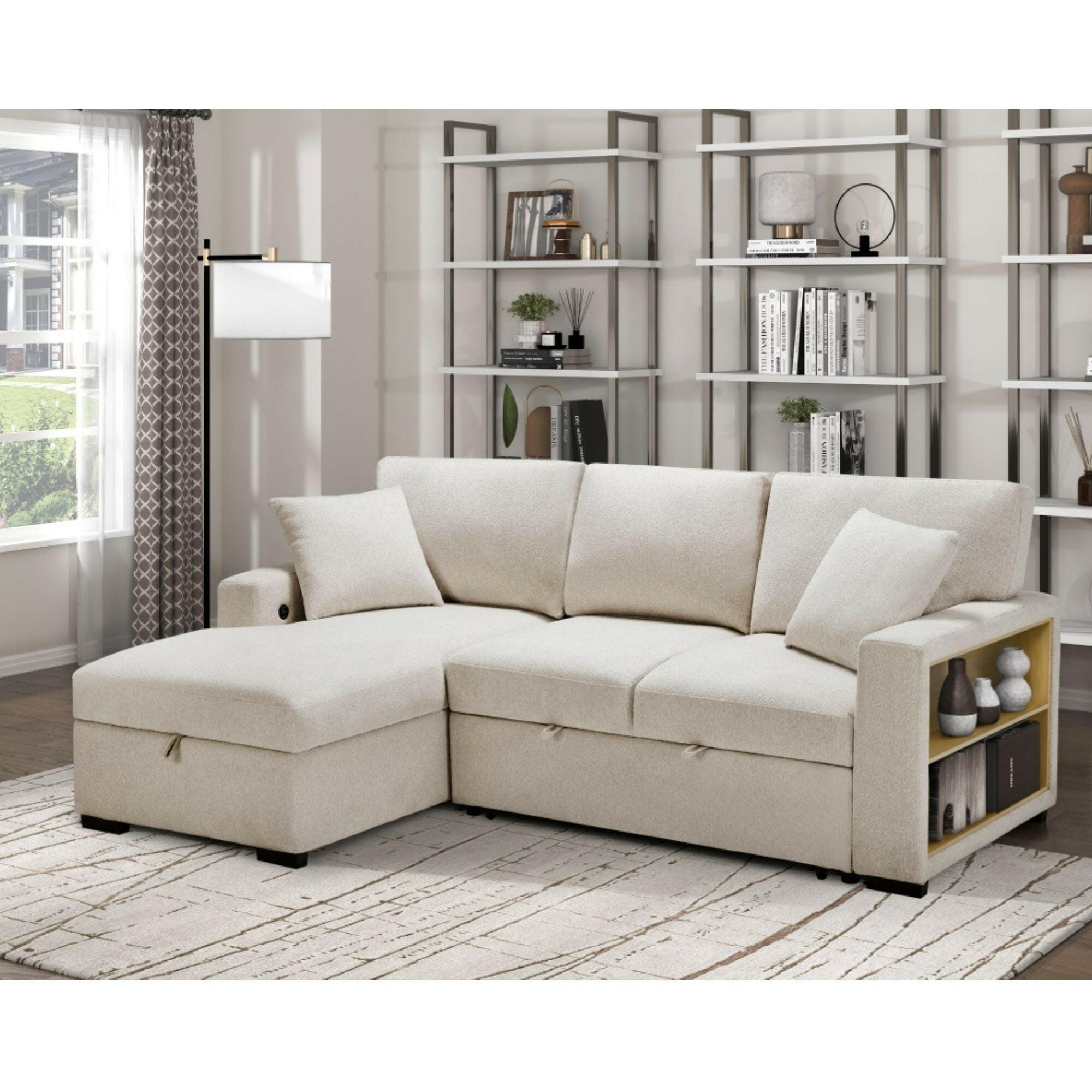 Maz Pompano Collection beige sectional sleeper sofa with plush cushions and modern design, shown in a stylish living room setting.