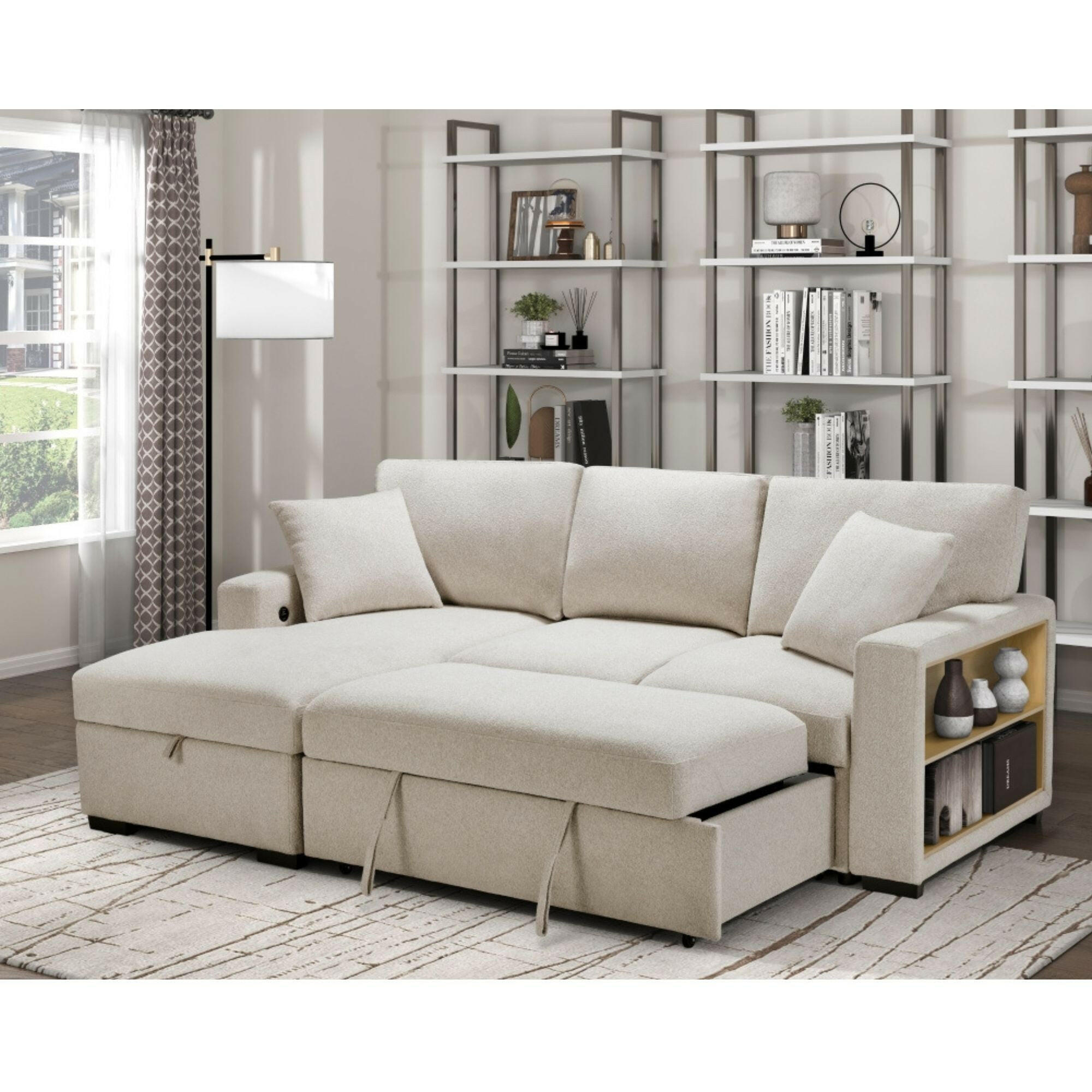MAZ Pompano Collection beige sectional sleeper sofa with plush cushions and modern design, shown in a stylish living room setting.