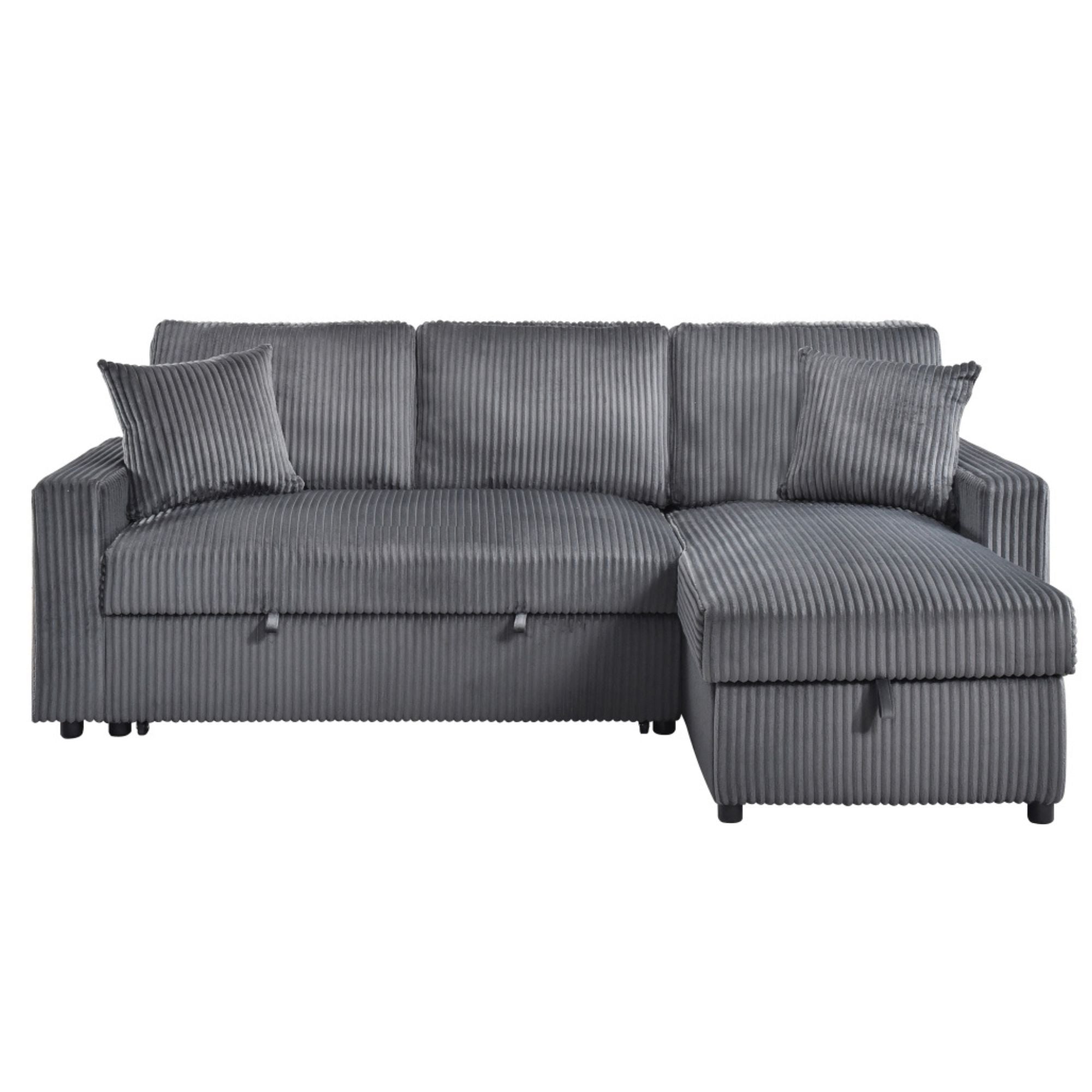 MAZ Brecker 2-piece reversible sectional sleeper in dark grey, showcasing the sofa's reversible design and comfortable sleeping surface.