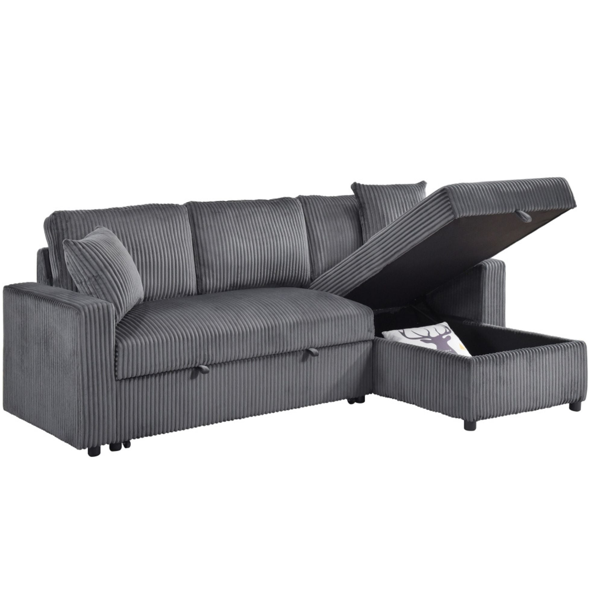 MAZ Brecker 2-piece reversible sectional sleeper in dark grey, with cushioned seats and backrests, shown in a modern living room setting.