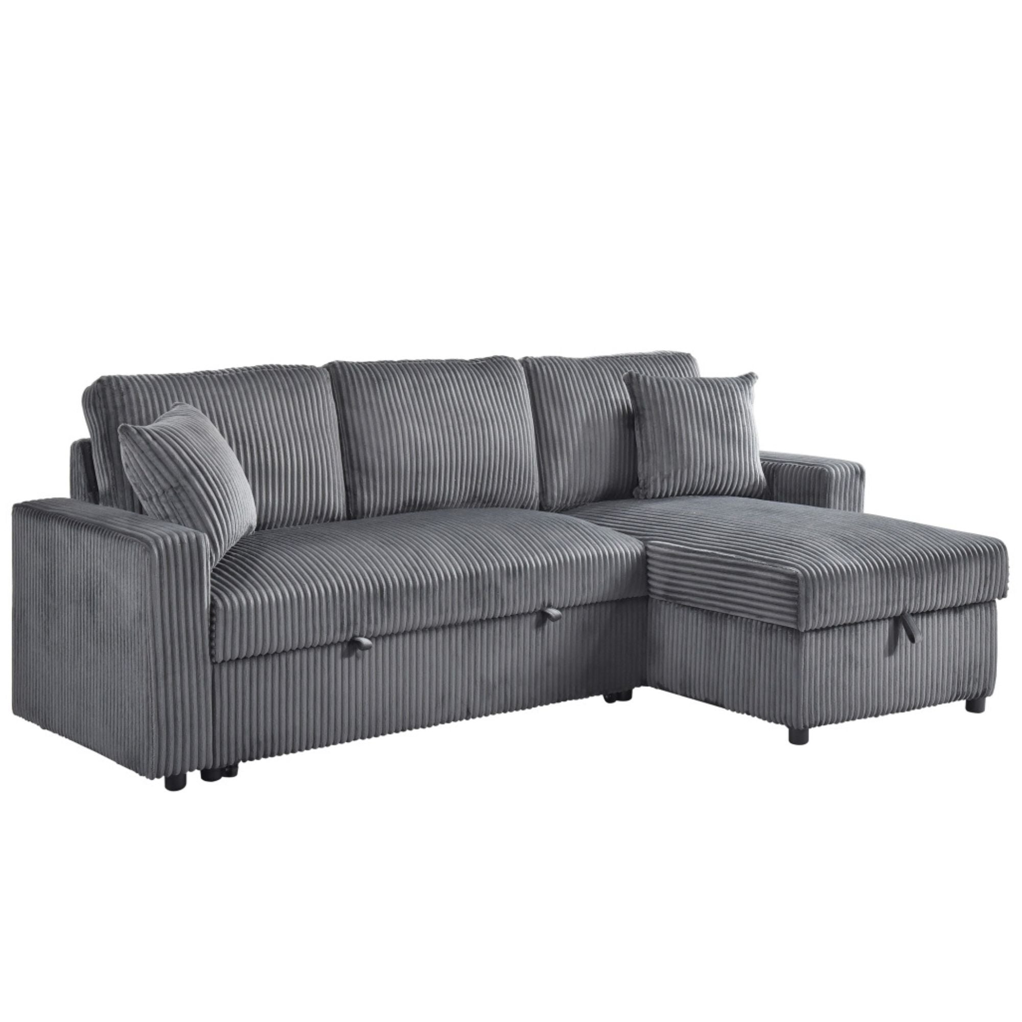 MAZ Brecker 2-piece reversible sectional sleeper sofa in dark grey, showing the versatile design and plush cushions.