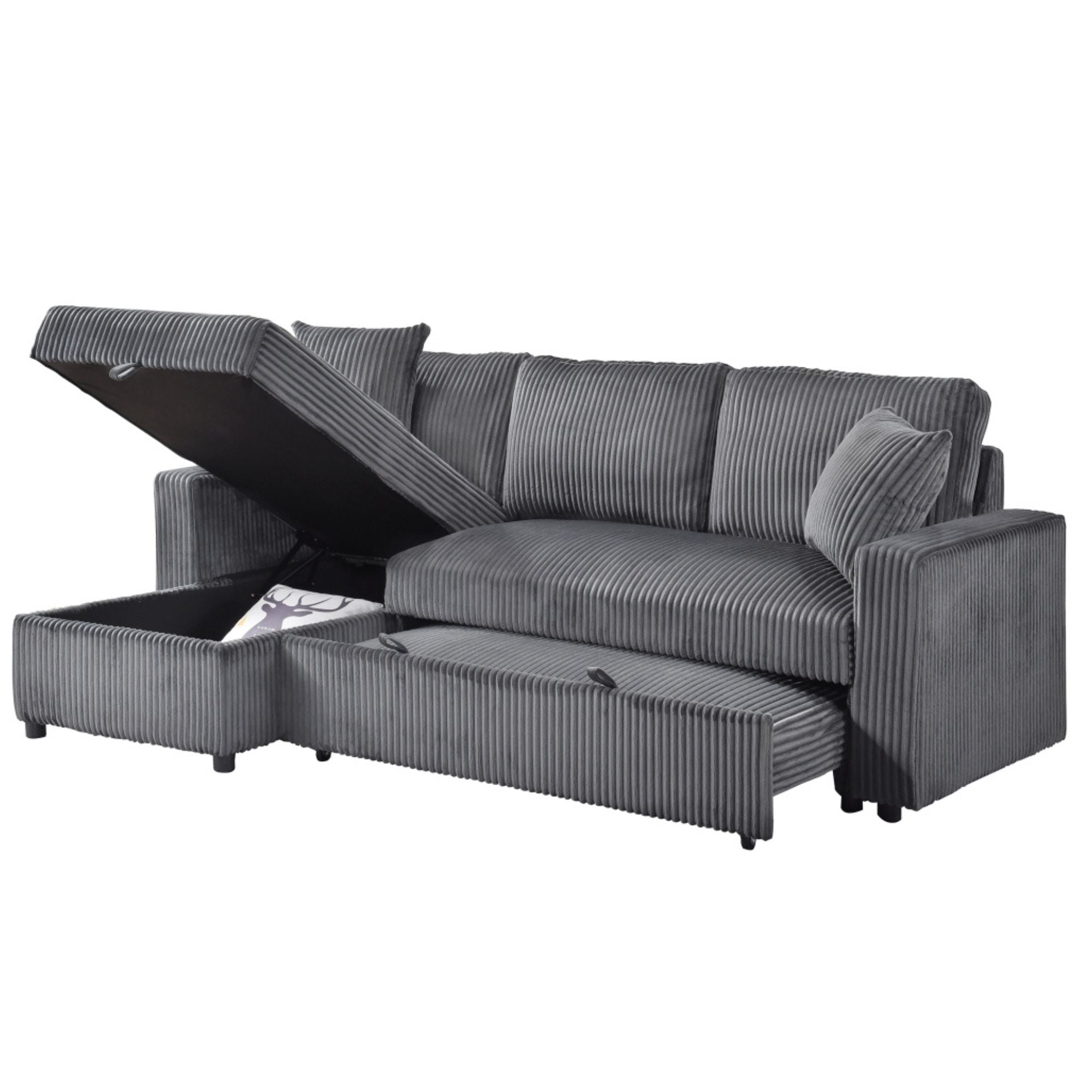 MAZ Brecker 2-piece reversible sectional sleeper in dark grey, showing plush cushions and modern design for versatile living space.