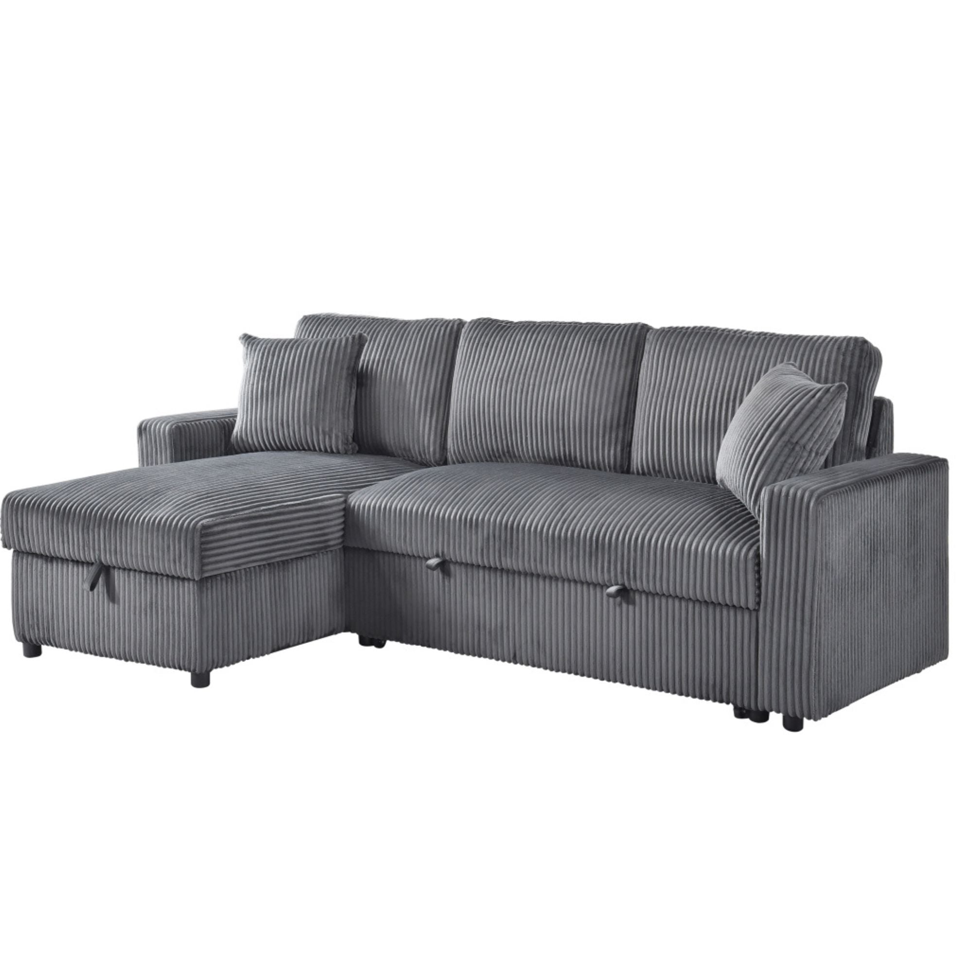 MAZ Brecker 2-piece reversible sectional sleeper in dark grey, showcasing the comfortable sofa and fold-out bed in a modern living room setting.