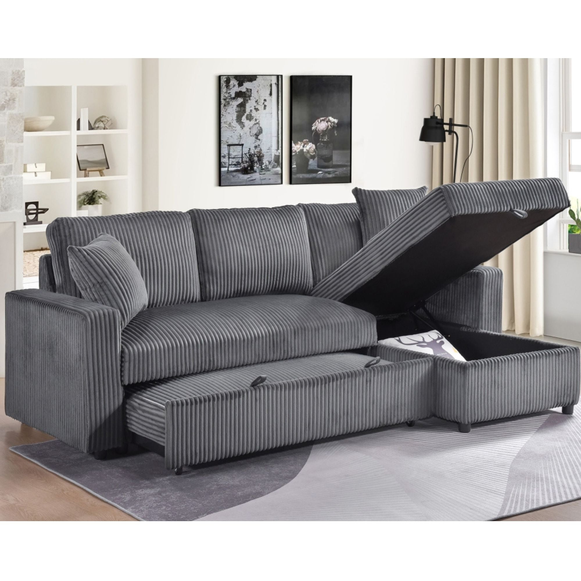 MAZ Brecker 2-piece reversible sectional sleeper in dark grey, showing its plush cushions and convertible sofa design.