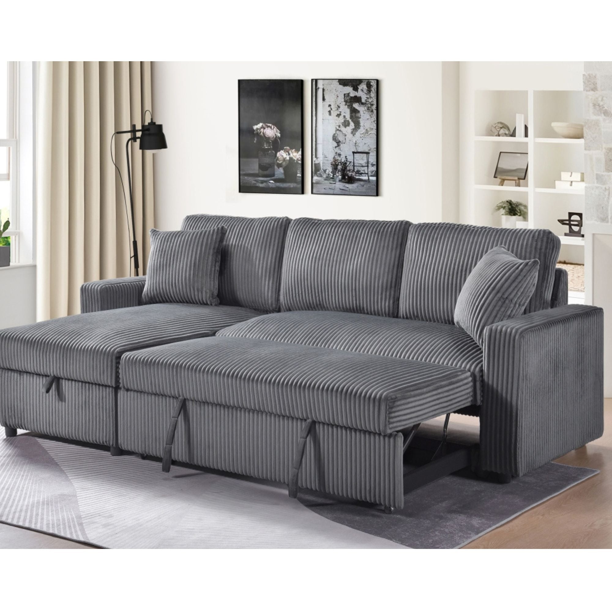 MAZ Brecker 2-piece reversible sectional sleeper in dark grey, showcasing the modern convertible sofa with plush cushions.