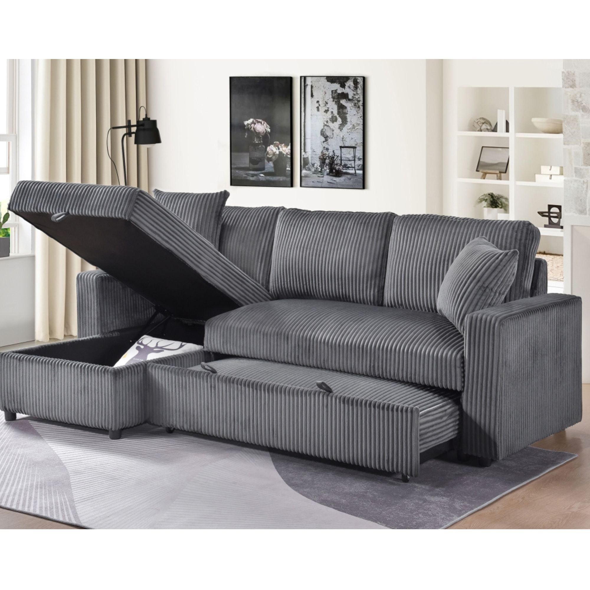 Dark grey MAZ Brecker 2-piece reversible sectional sleeper sofa with cushions, showcasing its modern design and convertible feature.