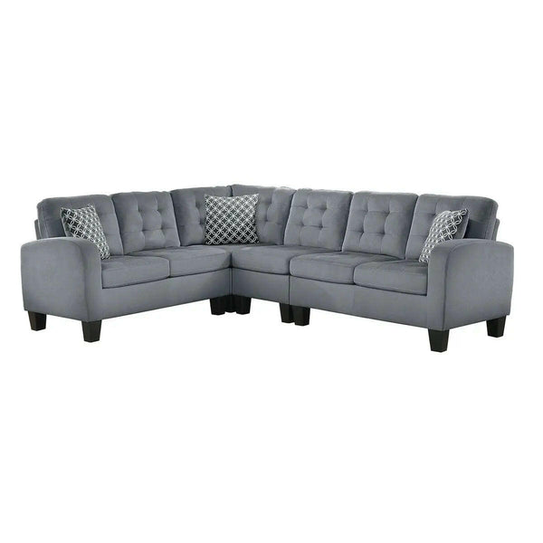 MAZ Sinclair reversible sectional sofa in gray fabric with plush cushions and modern design, shown from a side angle.