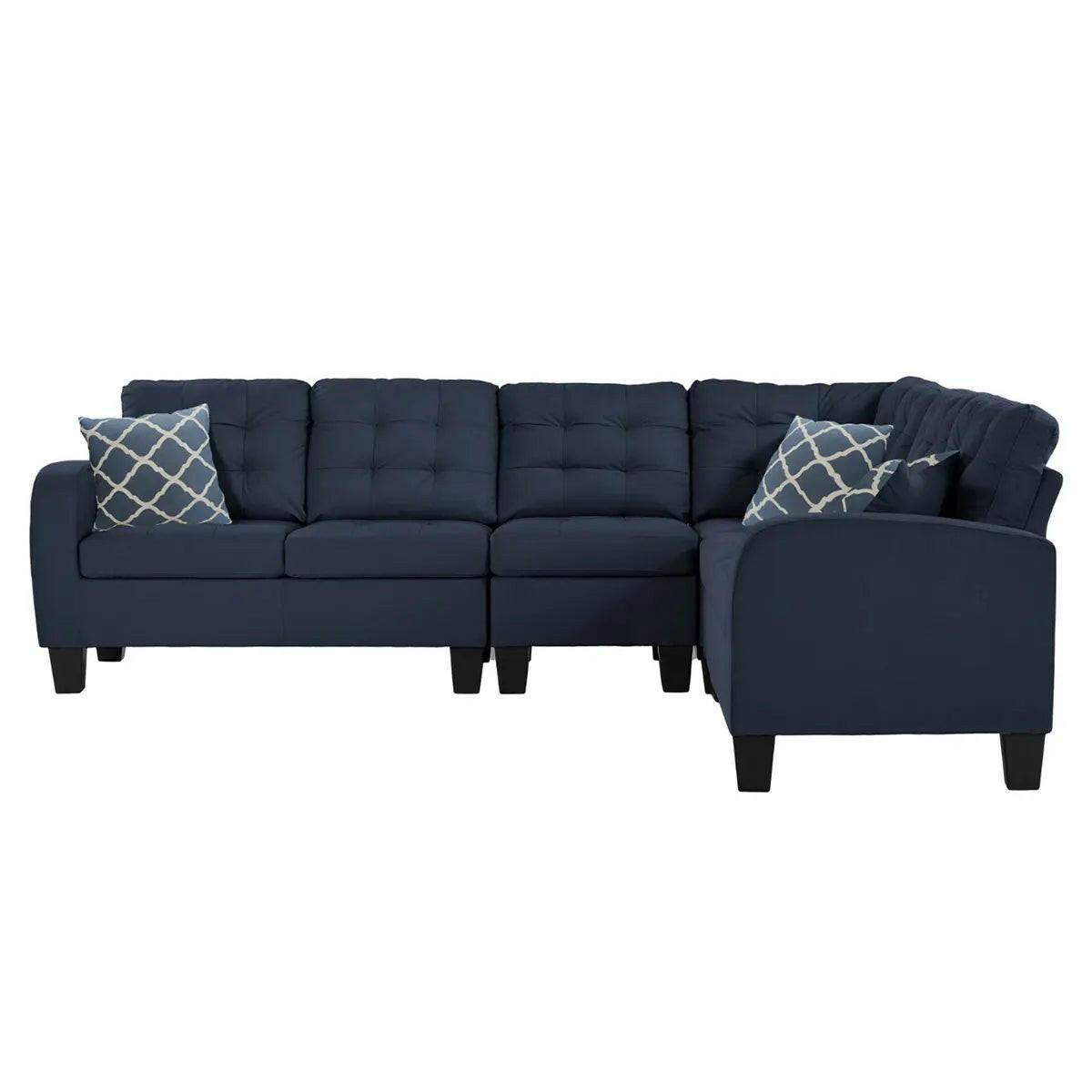 MAZ Sinclair reversible sectional sofa in dark blue fabric, showing the front view with plush cushions and modern design.
