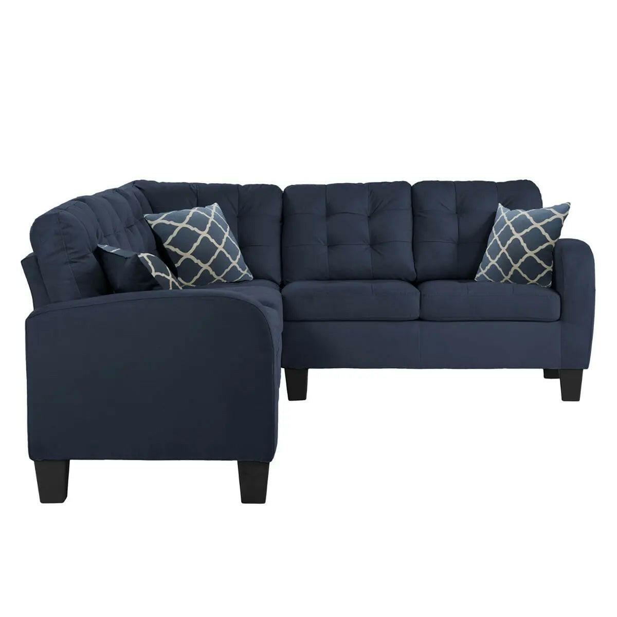 MAZ Sinclair reversible sectional sofa in navy and charcoal, showing a side view with plush cushions and modern design.