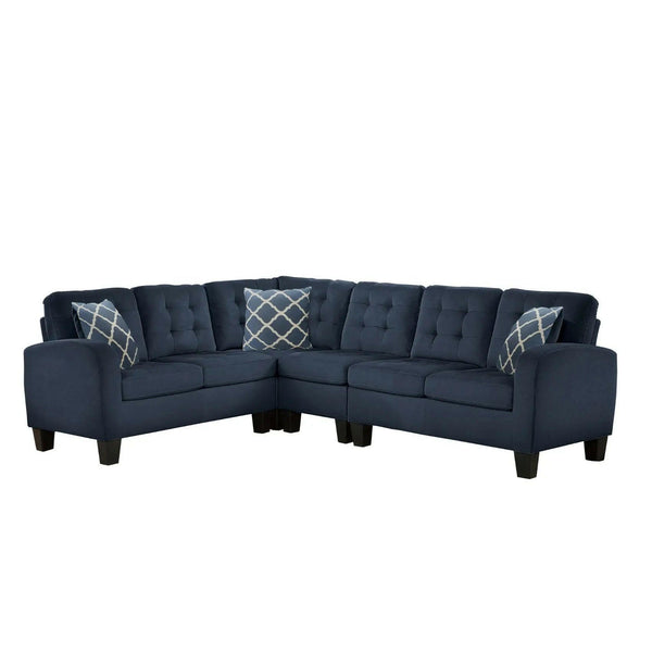 MAZ Sinclair reversible sectional sofa in dark navy fabric, showing a spacious L-shaped design with plush cushions.