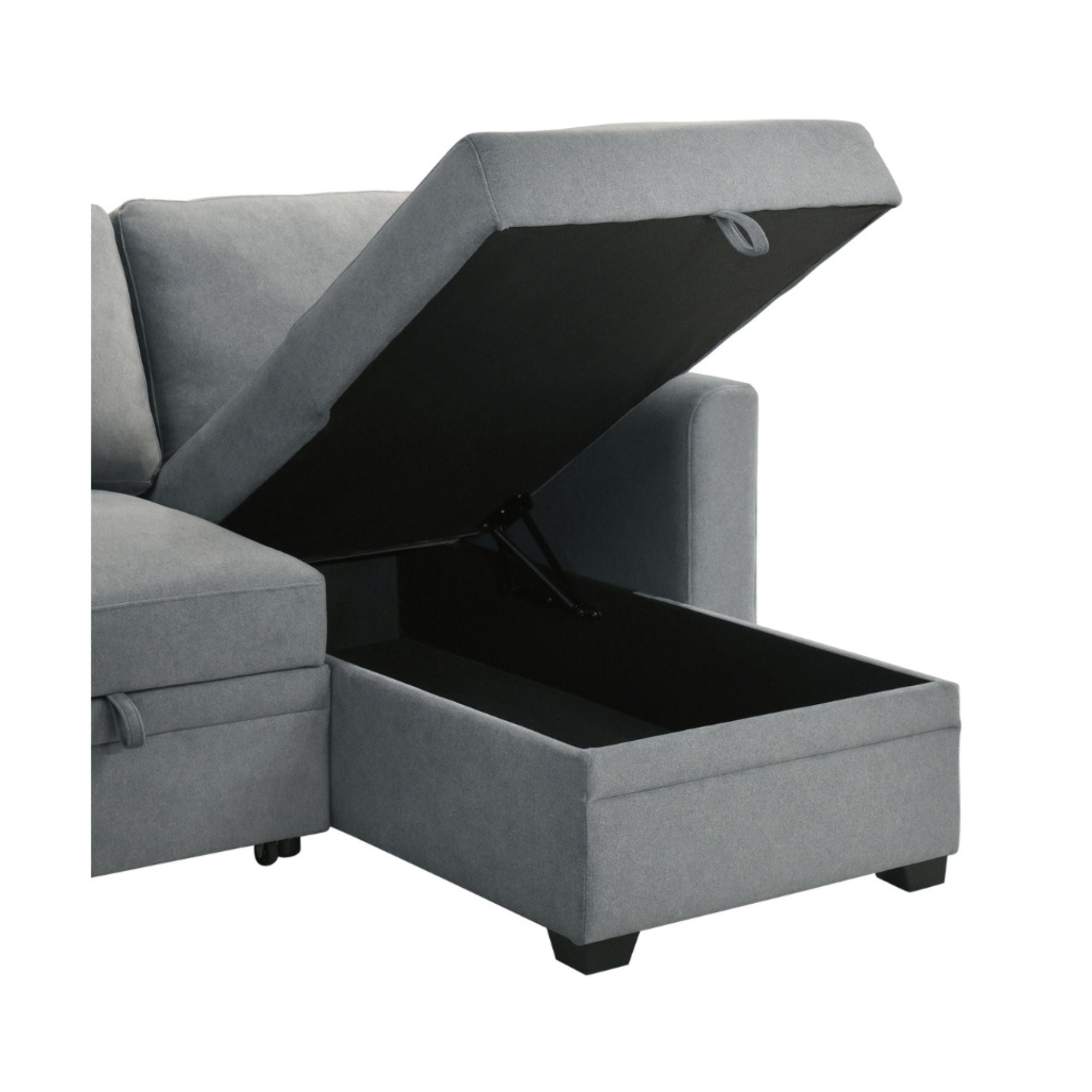 Ariadne 2-piece reversible sectional sofa by MAZ in grey polyester fabric, showing the L-shaped design and plush cushions.