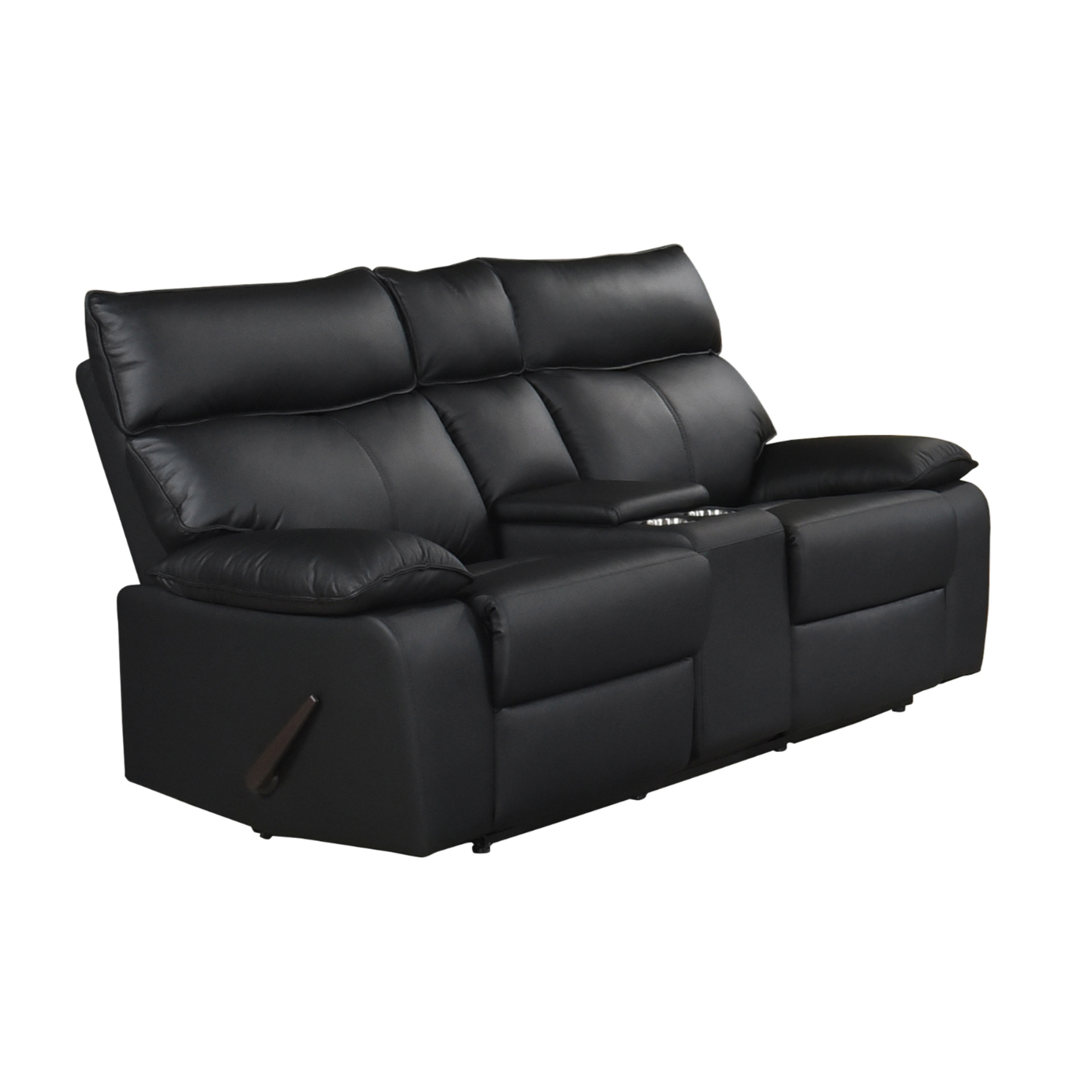 Black MAZ Kandra Collection leather reclining loveseat in a three-piece set with plush cushions and reclining features.