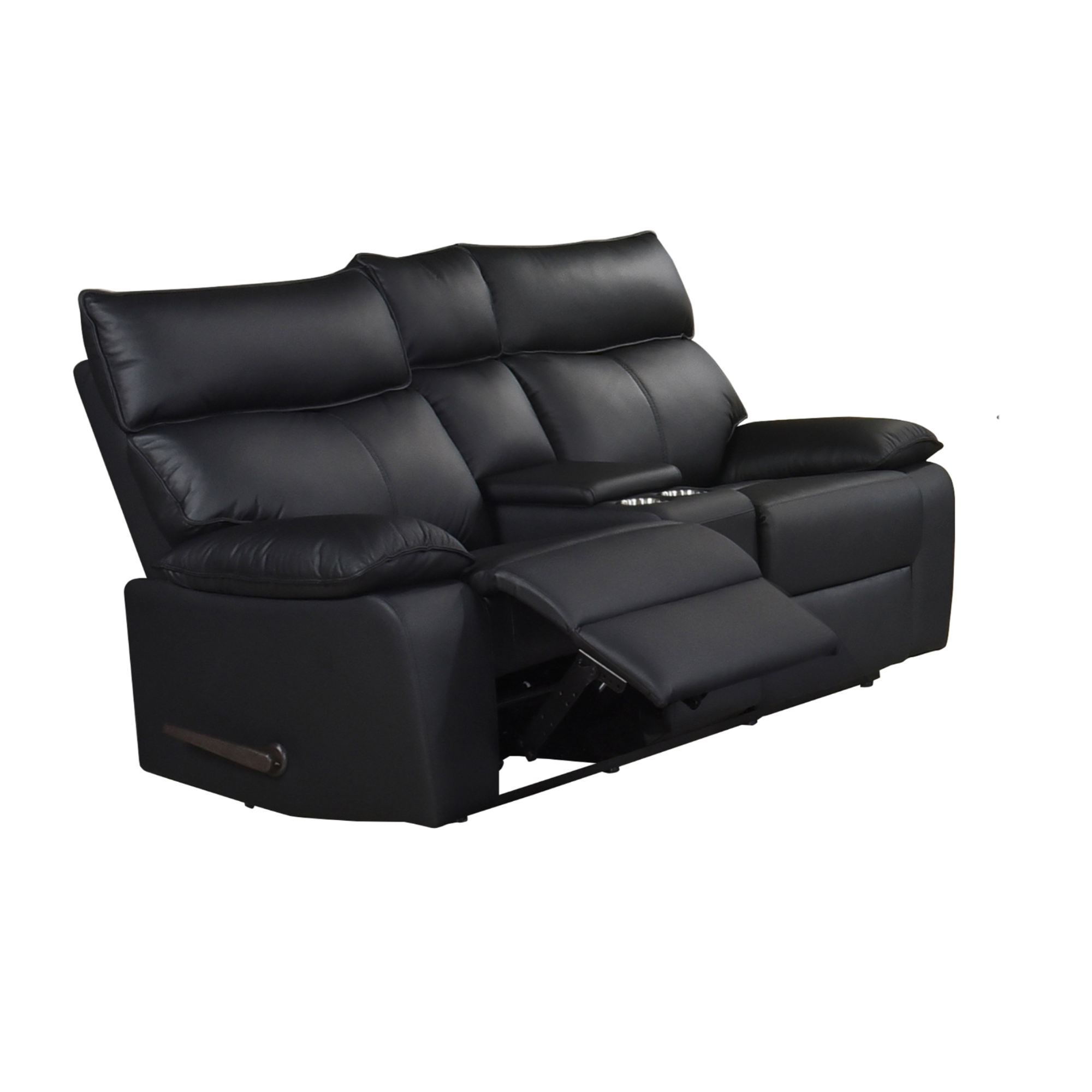 Black leather reclining loveseat from MAZ Kandra Collection, showcasing plush cushions and reclining feature in a modern living room setting.