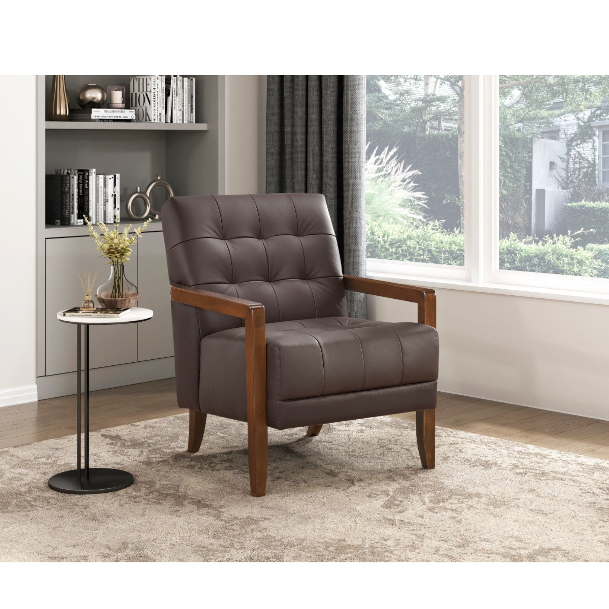 Brown Crafton Leather Accent Chair by MAZ featuring a stylish, comfortable design with plush upholstery and wooden legs.