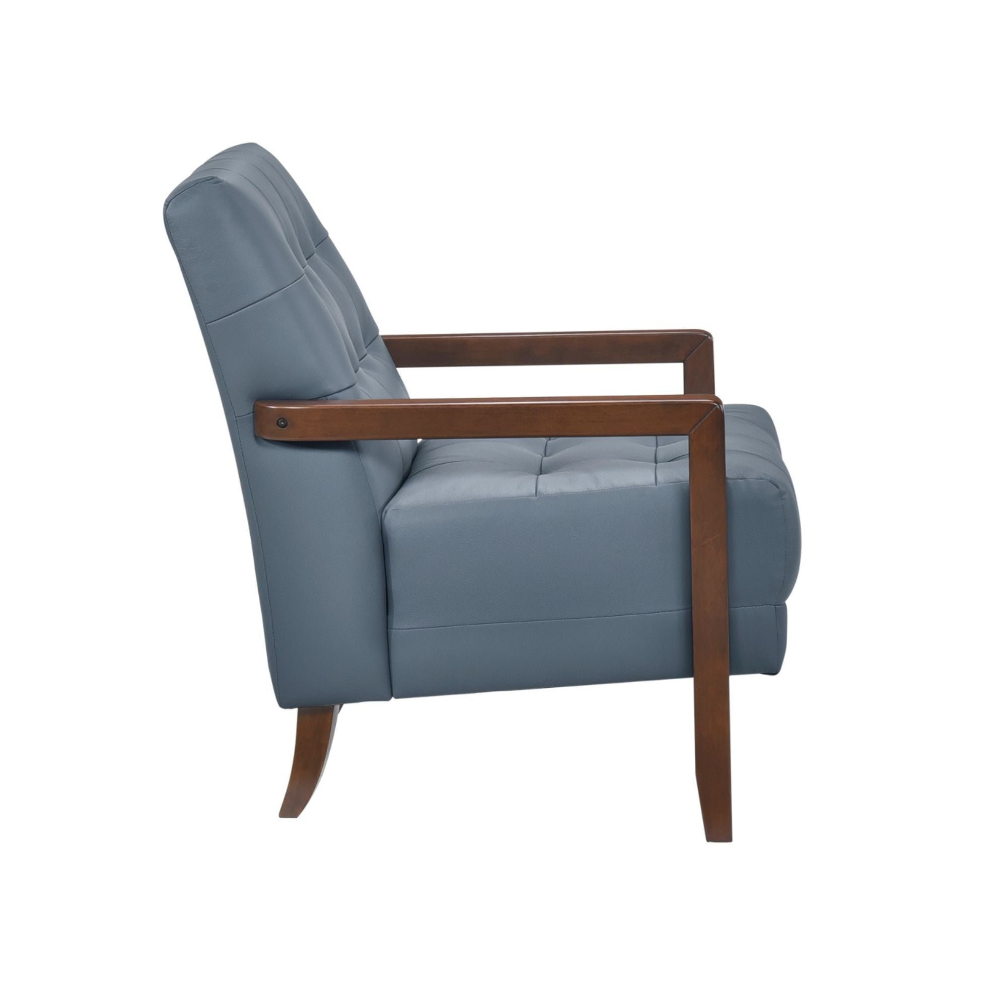 Blue Crafton leather accent chair by MAZ, featuring a modern design with plush cushioning and sleek wooden legs.