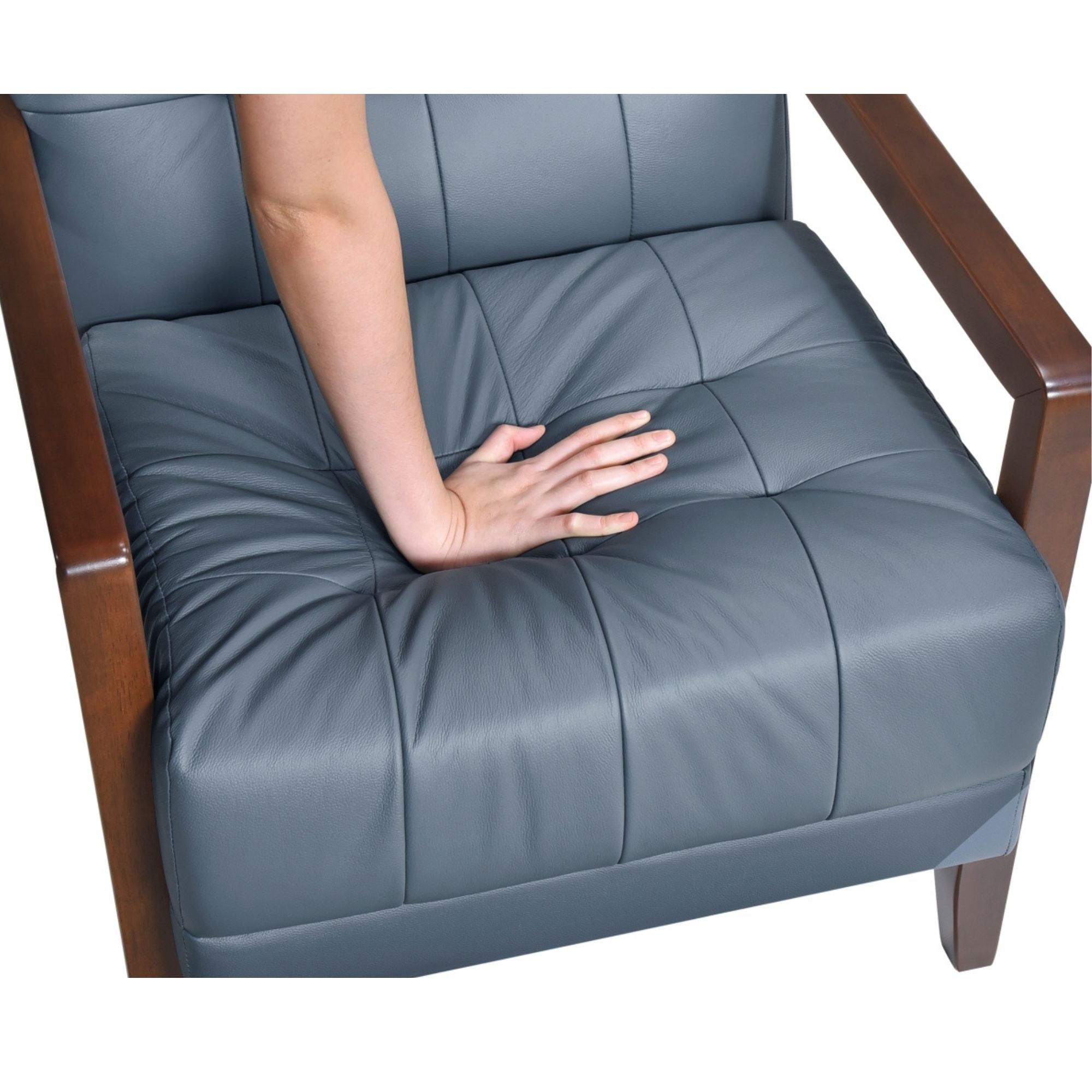Blue Crafton Leather Accent Chair by MAZ with sleek design and plush cushions, perfect for modern living spaces.